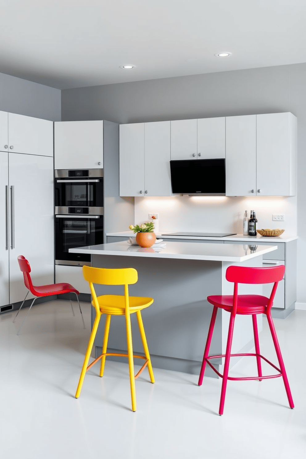 Colorful bar stools add a playful touch to a sleek German kitchen, creating a vibrant contrast against the minimalist cabinetry. The kitchen features high-quality materials and efficient layouts, with the bar stools positioned at a modern island that encourages social interaction.