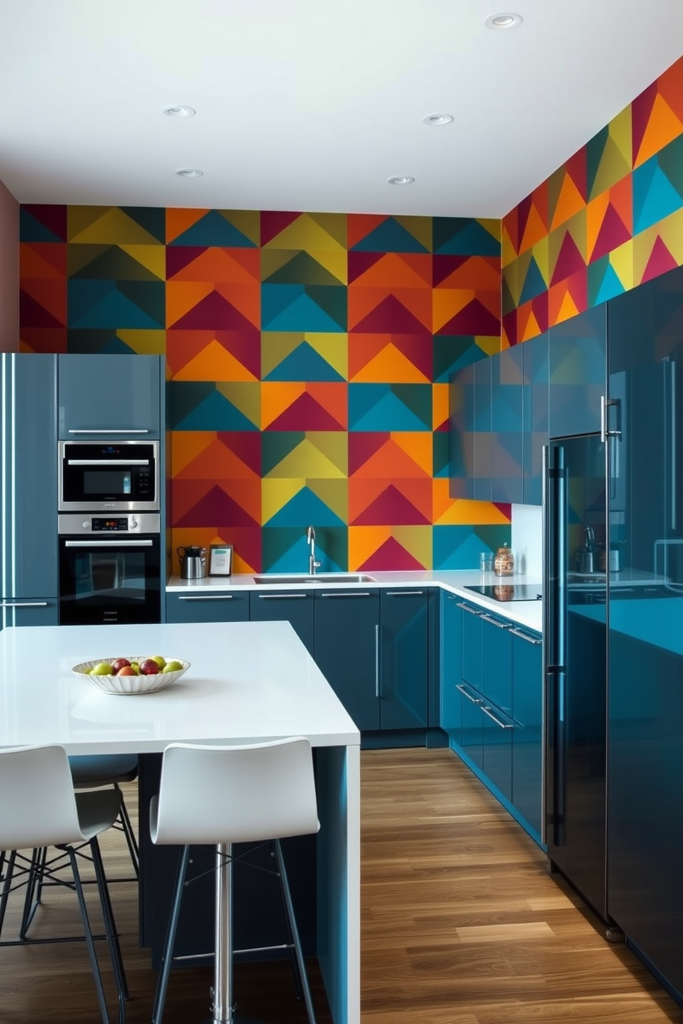 A striking accent wall features bold geometric wallpaper in vibrant colors, creating a focal point in the room. The surrounding walls are painted in a complementary neutral tone, enhancing the visual impact of the design. The German kitchen showcases sleek cabinetry with a high-gloss finish, paired with modern stainless steel appliances. A spacious island serves as both a functional workspace and a casual dining area, accented by stylish bar stools.