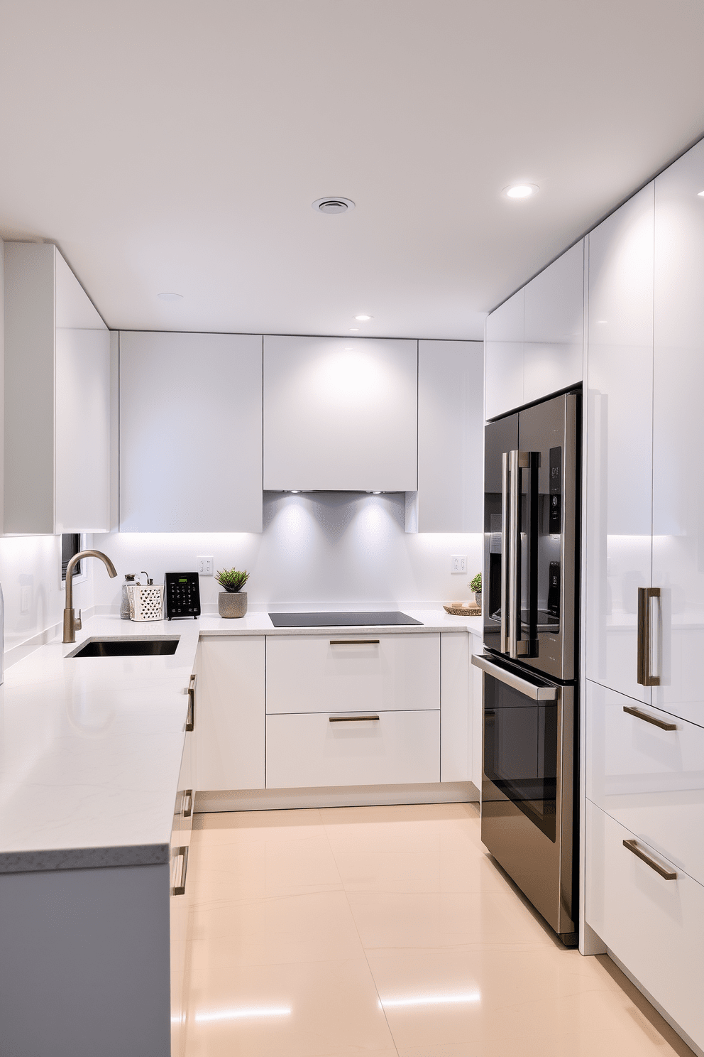 A sleek modern kitchen featuring smart technology seamlessly integrated into the design. The cabinetry is high-gloss white with minimalist handles, and the countertops are a stunning quartz with subtle veining. State-of-the-art appliances include a smart refrigerator with touchscreen capabilities and a voice-activated oven. Ambient lighting is provided by recessed fixtures and under-cabinet LED strips, creating an inviting atmosphere.