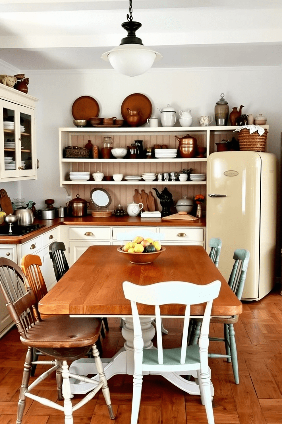 A charming German kitchen design featuring vintage elements that evoke a sense of nostalgia. The space showcases a large wooden farmhouse table surrounded by mismatched chairs, with antique kitchenware displayed on open shelving. The cabinetry is painted in a soft pastel color, complemented by brass hardware for a classic feel. A retro-style refrigerator stands proudly in the corner, adding character and warmth to the inviting atmosphere.