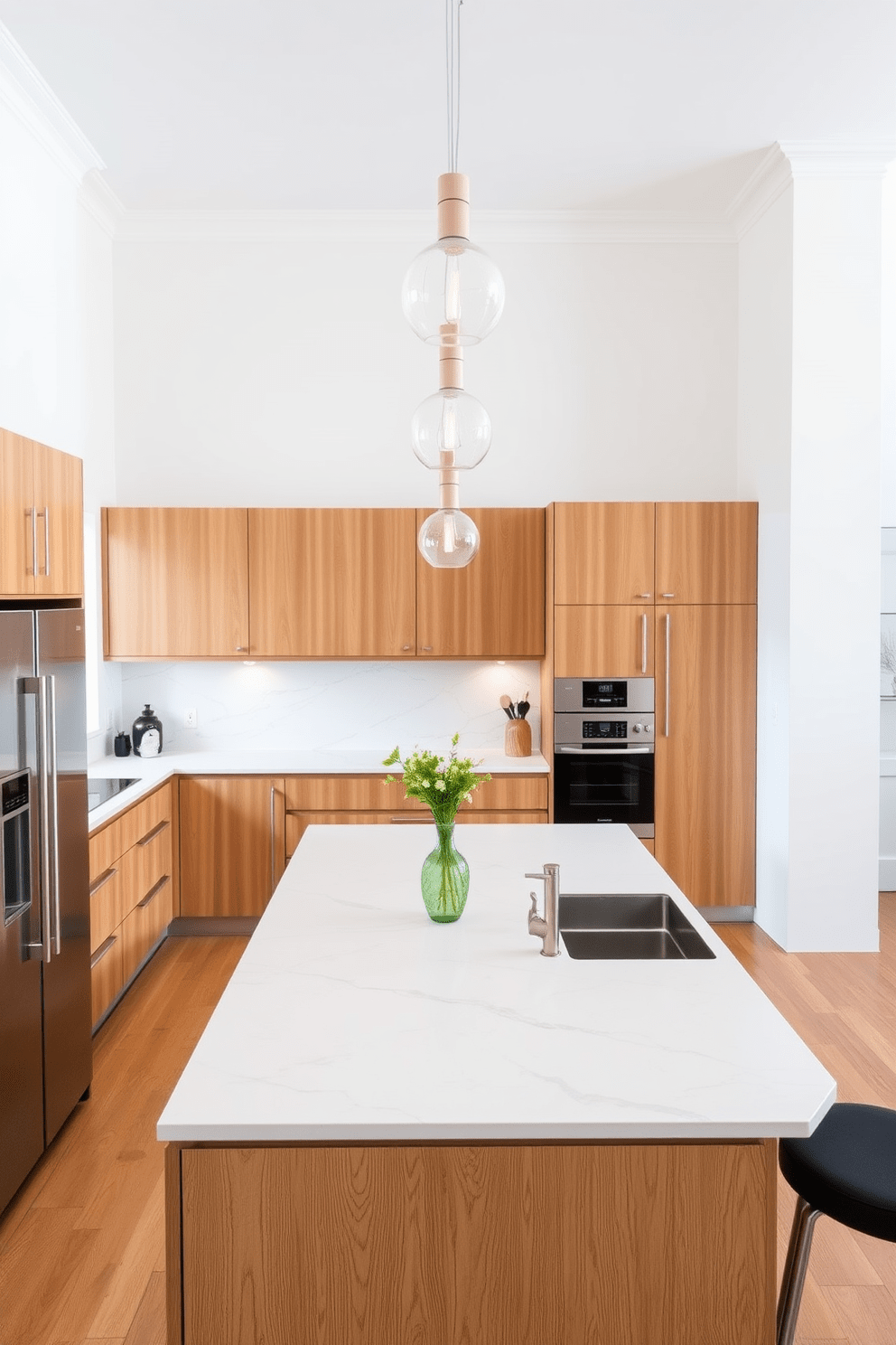 A sleek and modern German kitchen featuring high-quality materials such as natural wood and stone. The cabinetry is minimalist with a glossy finish, complemented by stainless steel appliances and a large central island with a quartz countertop. The walls are painted in a soft white, creating a bright and airy atmosphere. Pendant lights hang elegantly above the island, while a stylish backsplash adds a touch of texture and color to the overall design.