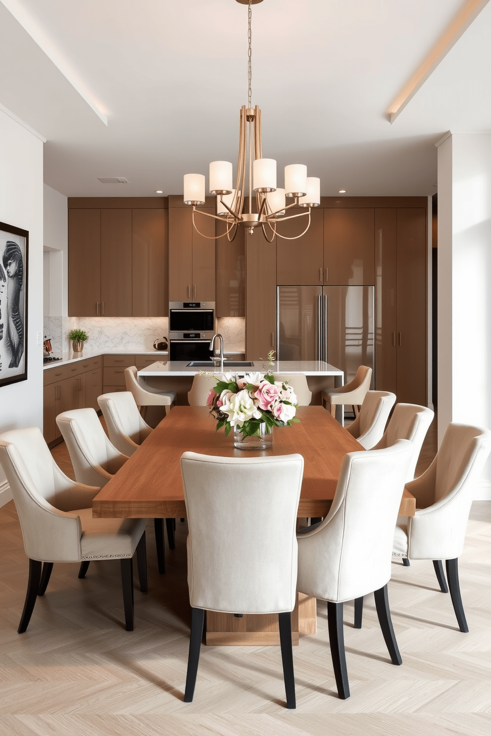 An elegant dining area within a kitchen features a large wooden table surrounded by plush upholstered chairs in a neutral tone. Above the table, a modern chandelier provides warm lighting, enhancing the inviting atmosphere. The kitchen showcases sleek cabinetry with a glossy finish and integrated appliances for a seamless look. A stylish centerpiece of fresh flowers adds a touch of color to the dining table, complementing the overall design.