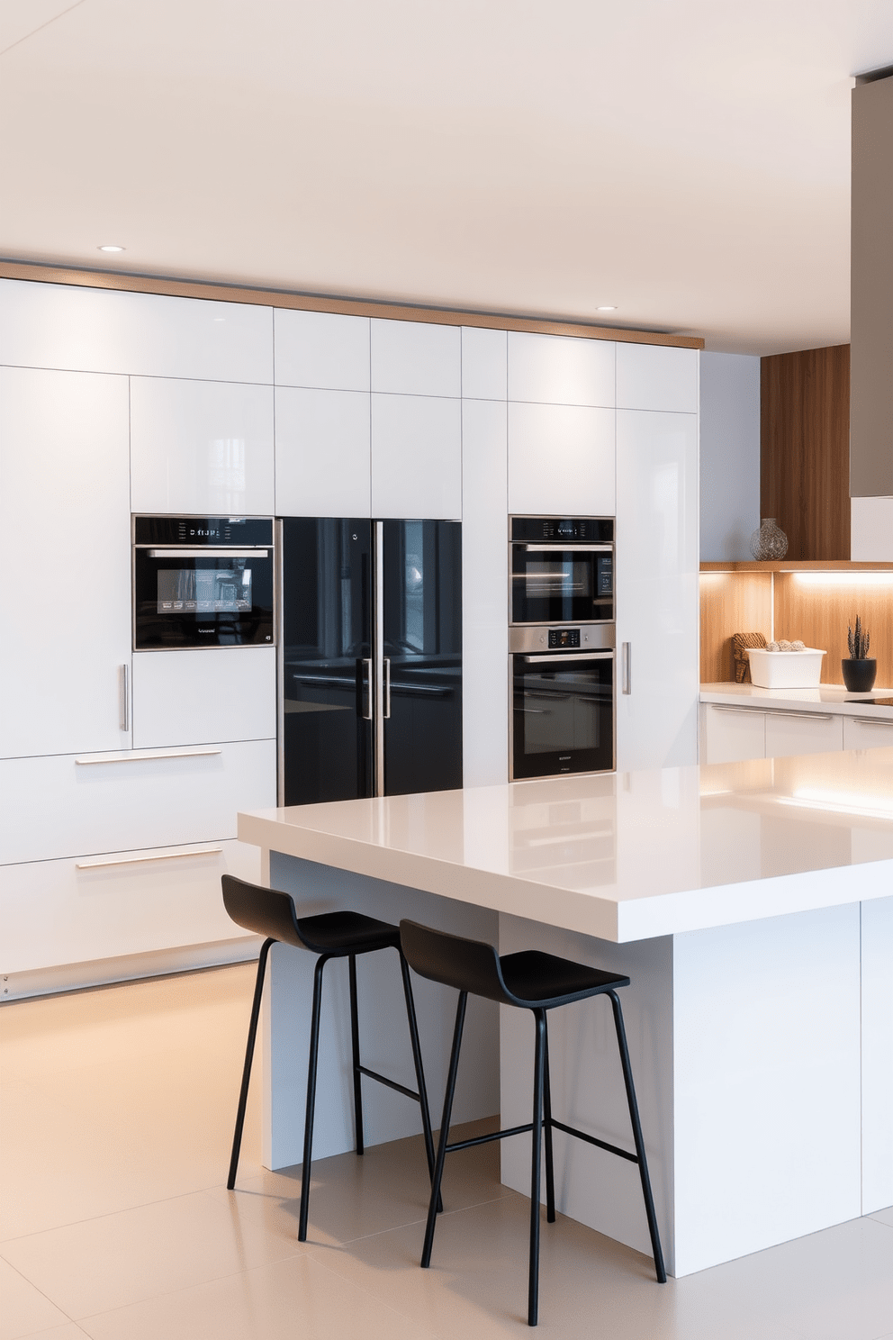 A sleek German kitchen design featuring integrated appliances that blend seamlessly with the cabinetry. The minimalist aesthetic is enhanced by a large island with a smooth countertop and stylish bar stools. The cabinetry is finished in a high-gloss white with subtle wood accents for warmth. Under-cabinet lighting illuminates the workspace, creating a bright and inviting atmosphere.