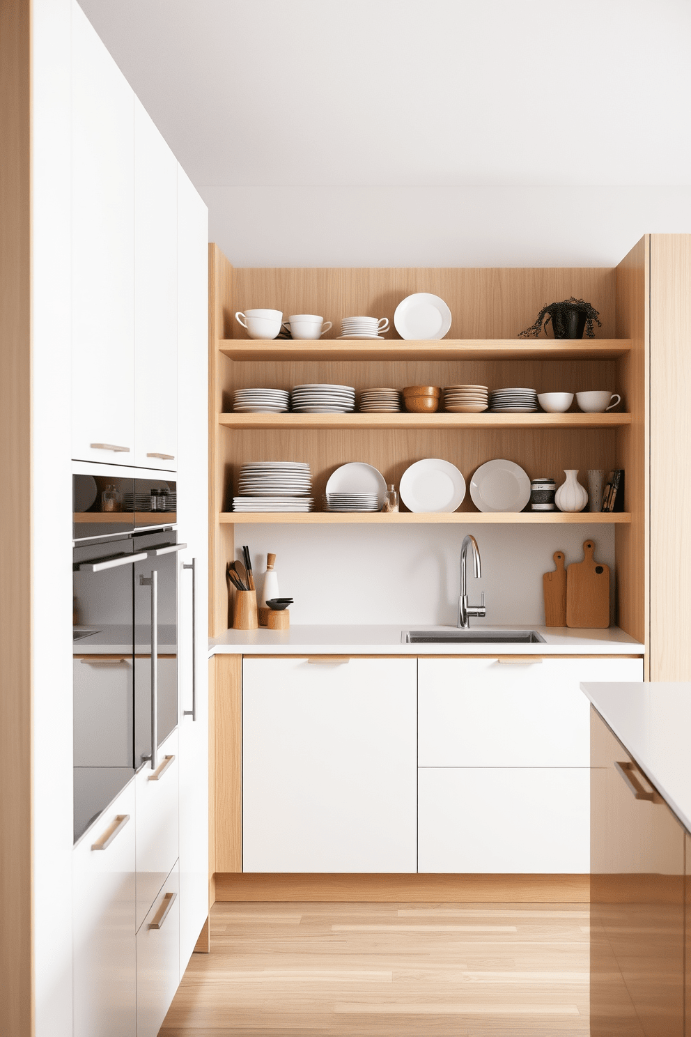 A modern German kitchen featuring open shelving that allows for easy access to dishes and cooking essentials. The cabinetry is sleek and minimalistic, with a blend of light wood and white finishes, creating a bright and airy atmosphere.