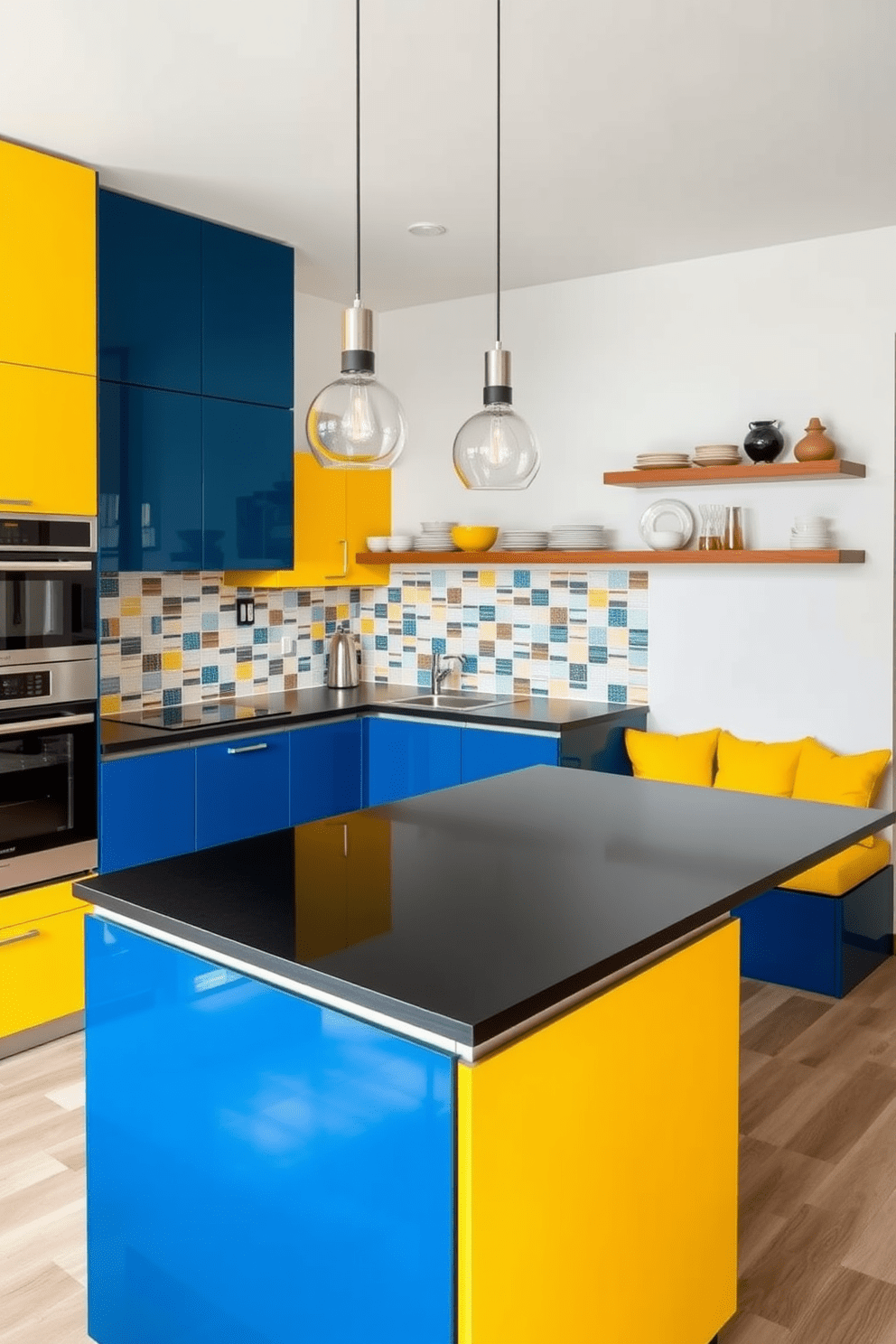 A modern German kitchen featuring sleek cabinetry in a high-gloss finish with bold color accents like deep blue and vibrant yellow. The kitchen island is spacious with a contrasting dark countertop, and stylish pendant lights hang above it, adding a touch of elegance. The backsplash is adorned with colorful tiles that create a lively focal point, while stainless steel appliances seamlessly blend into the design. Open shelving displays curated dishware, and a cozy breakfast nook with bright cushions invites casual dining.