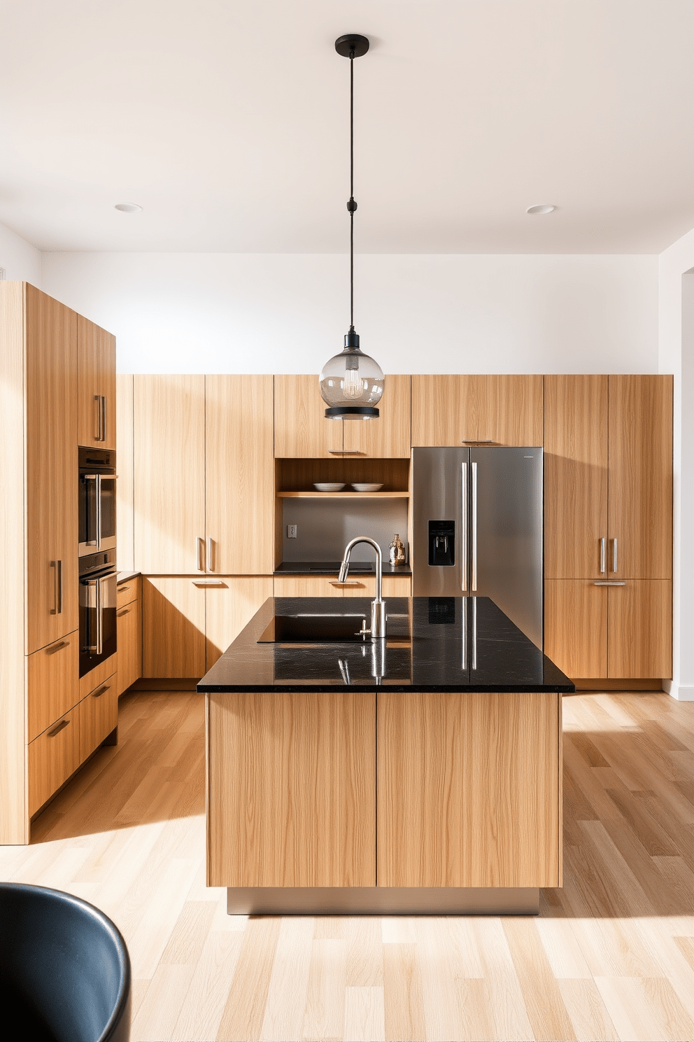 A modern German kitchen featuring natural wood finishes that create a warm and inviting atmosphere. The cabinetry is sleek with a light oak finish, complemented by a large central island topped with a dark granite surface. Stainless steel appliances are seamlessly integrated into the design, enhancing the contemporary aesthetic. A stylish pendant light hangs above the island, providing both illumination and a focal point in the space.