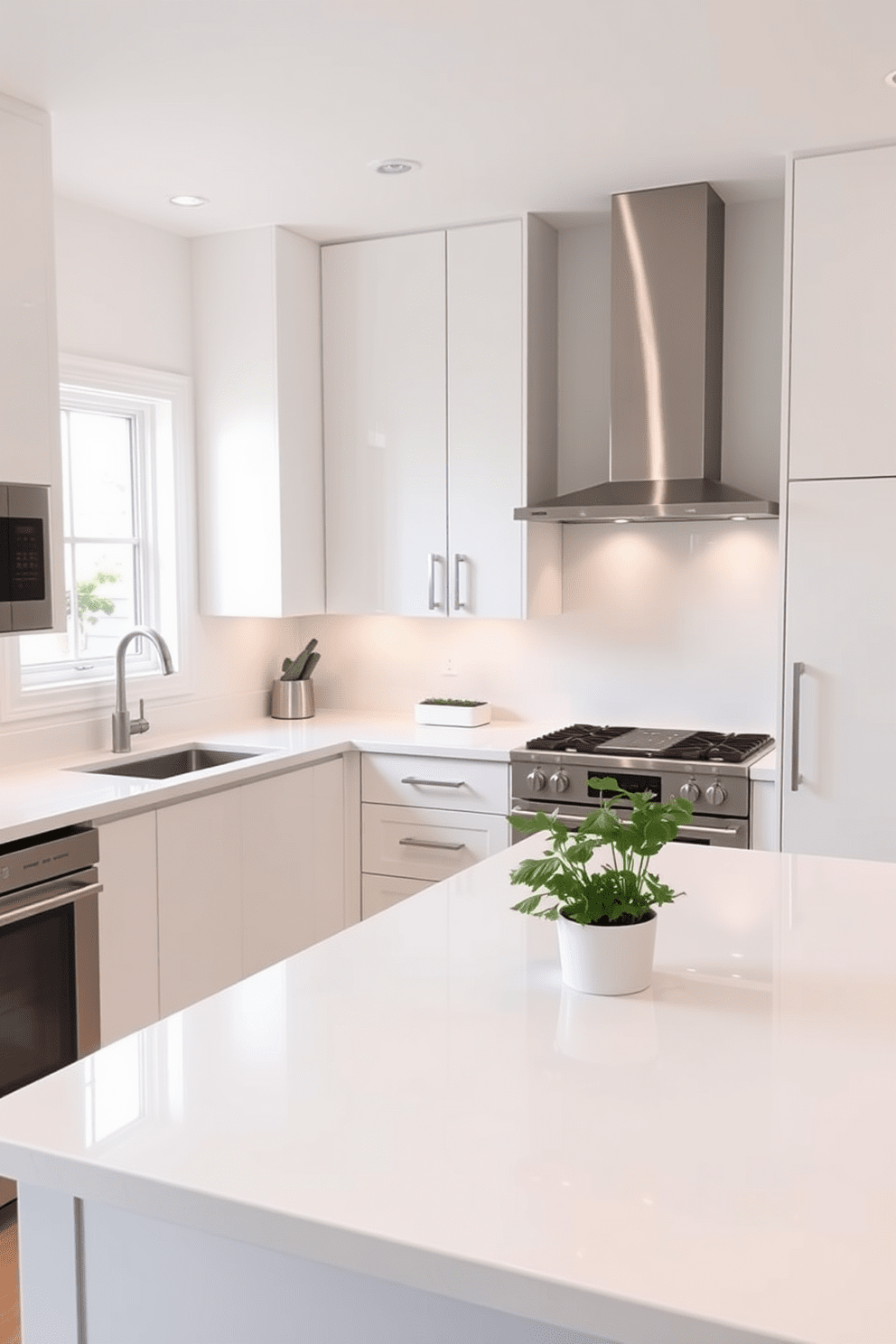 A sleek kitchen design featuring high-gloss white countertops that reflect light beautifully. The cabinetry is minimalist with clean lines, complemented by stainless steel appliances and a subtle backsplash. Incorporate a large central island with additional seating, perfect for casual dining and entertaining. The overall color palette is neutral, with pops of greenery from potted herbs placed on the countertops.