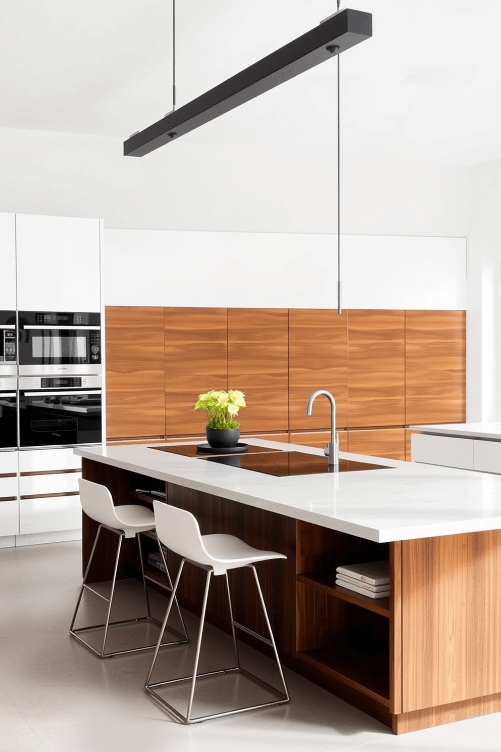 A functional kitchen island with a sleek quartz countertop provides additional workspace and seating. The island features integrated storage solutions and modern bar stools, creating a perfect blend of style and utility. Incorporating German kitchen design ideas, the cabinetry showcases a minimalist aesthetic with clean lines and high-quality finishes. The color palette includes rich wood tones and crisp whites, enhancing the contemporary feel of the space.