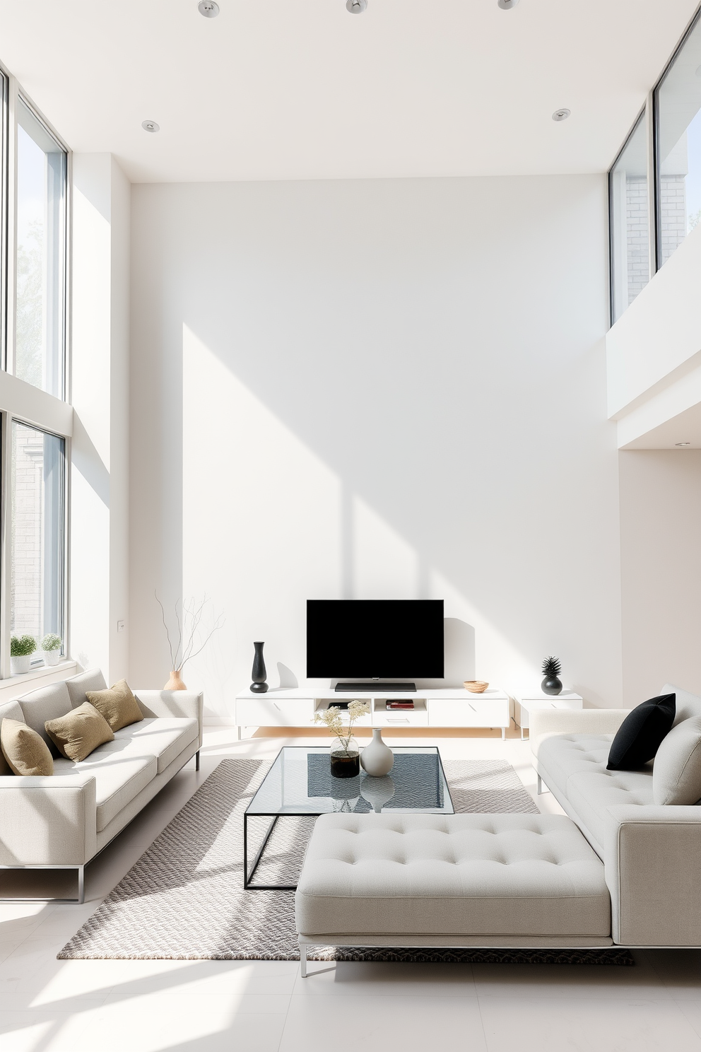 A modern minimalist living room features sleek furniture with clean lines and a neutral color palette. The space is adorned with a low-profile sofa, a glass coffee table, and a minimalist entertainment unit against a white wall. Natural light floods the room through large windows, enhancing the airy feel. A few carefully chosen decorative items add warmth without cluttering the space.