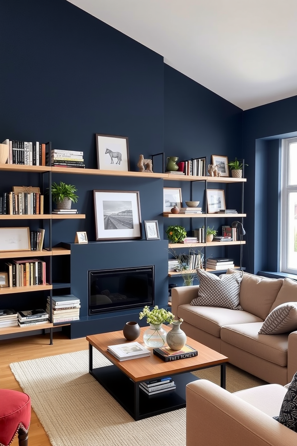 A cozy German living room features functional shelving that elegantly displays books and decor. The shelves are made of light wood, creating a warm contrast against the deep blue walls. A plush sofa in a neutral tone is positioned opposite a stylish coffee table adorned with decorative items. Large windows allow natural light to flood the space, enhancing the inviting atmosphere.