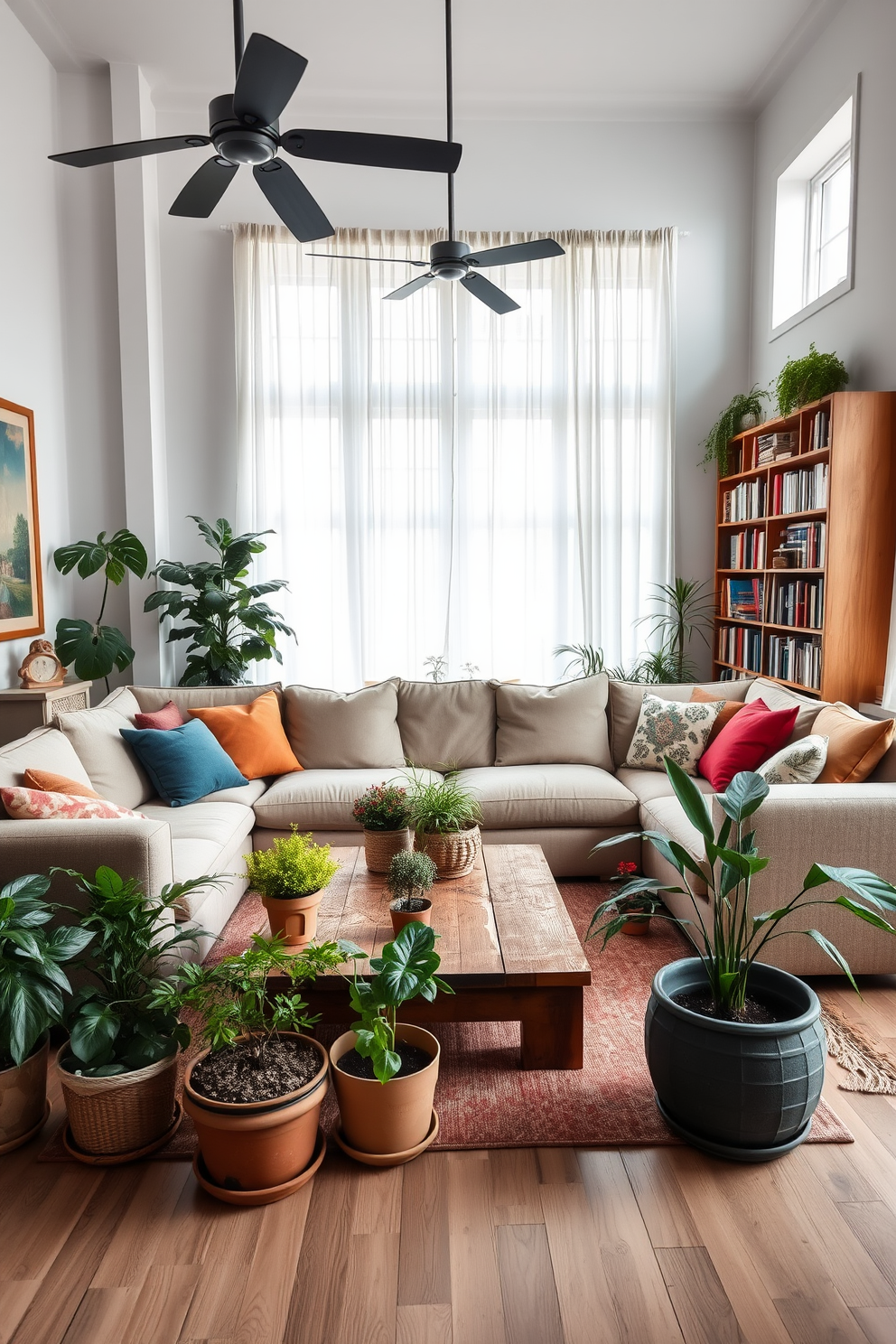 A cozy German living room featuring a large sectional sofa in a neutral tone with colorful throw pillows. A rustic wooden coffee table sits in the center, surrounded by potted indoor plants that add a touch of freshness to the space. The walls are adorned with traditional German art and a large bookshelf filled with books. Natural light floods the room through wide windows, complemented by sheer curtains that softly diffuse the sunlight.