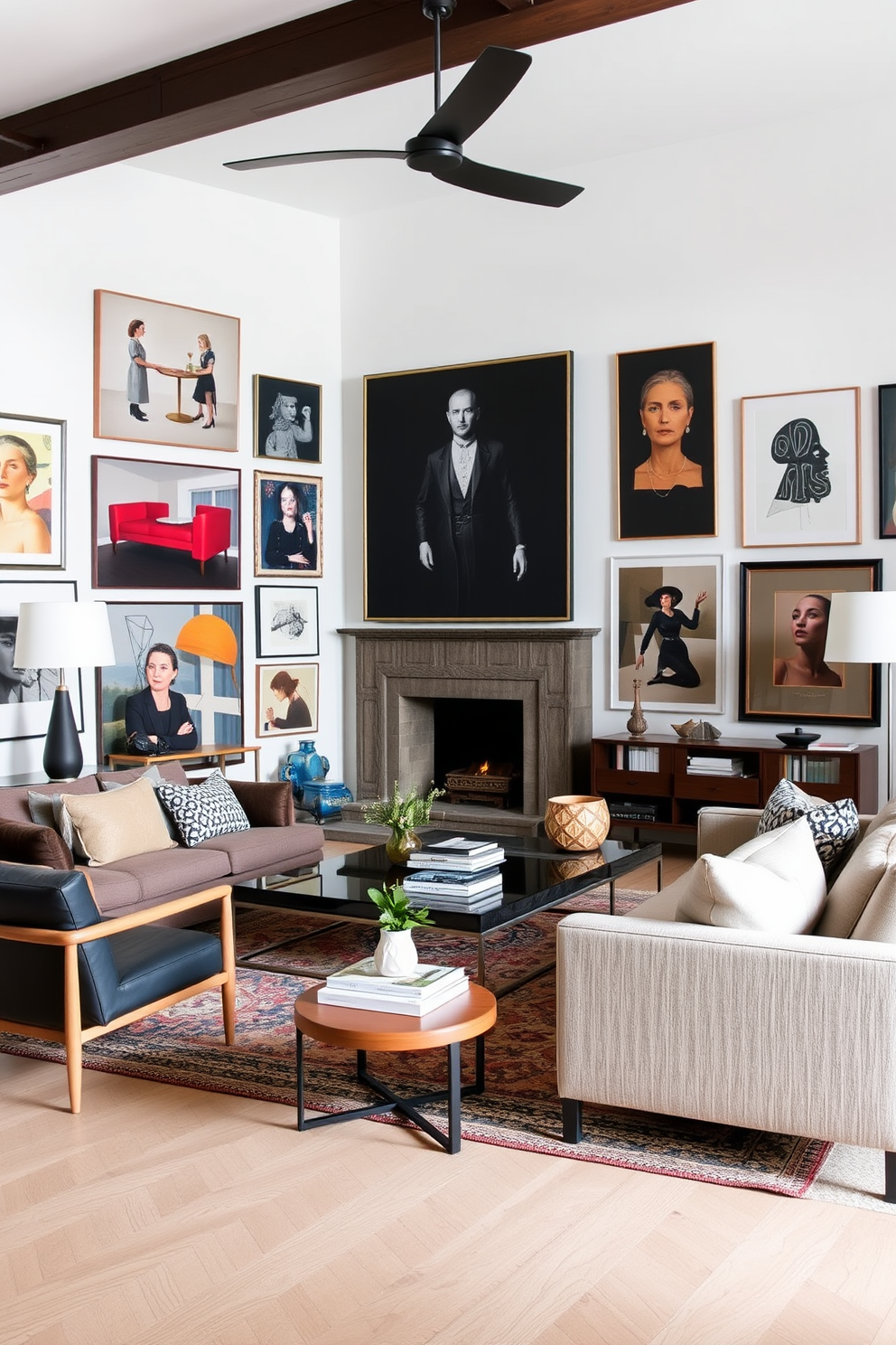 A stylish German living room filled with statement art pieces on the walls. The furniture features a mix of modern and traditional designs with a cozy seating arrangement that invites relaxation.