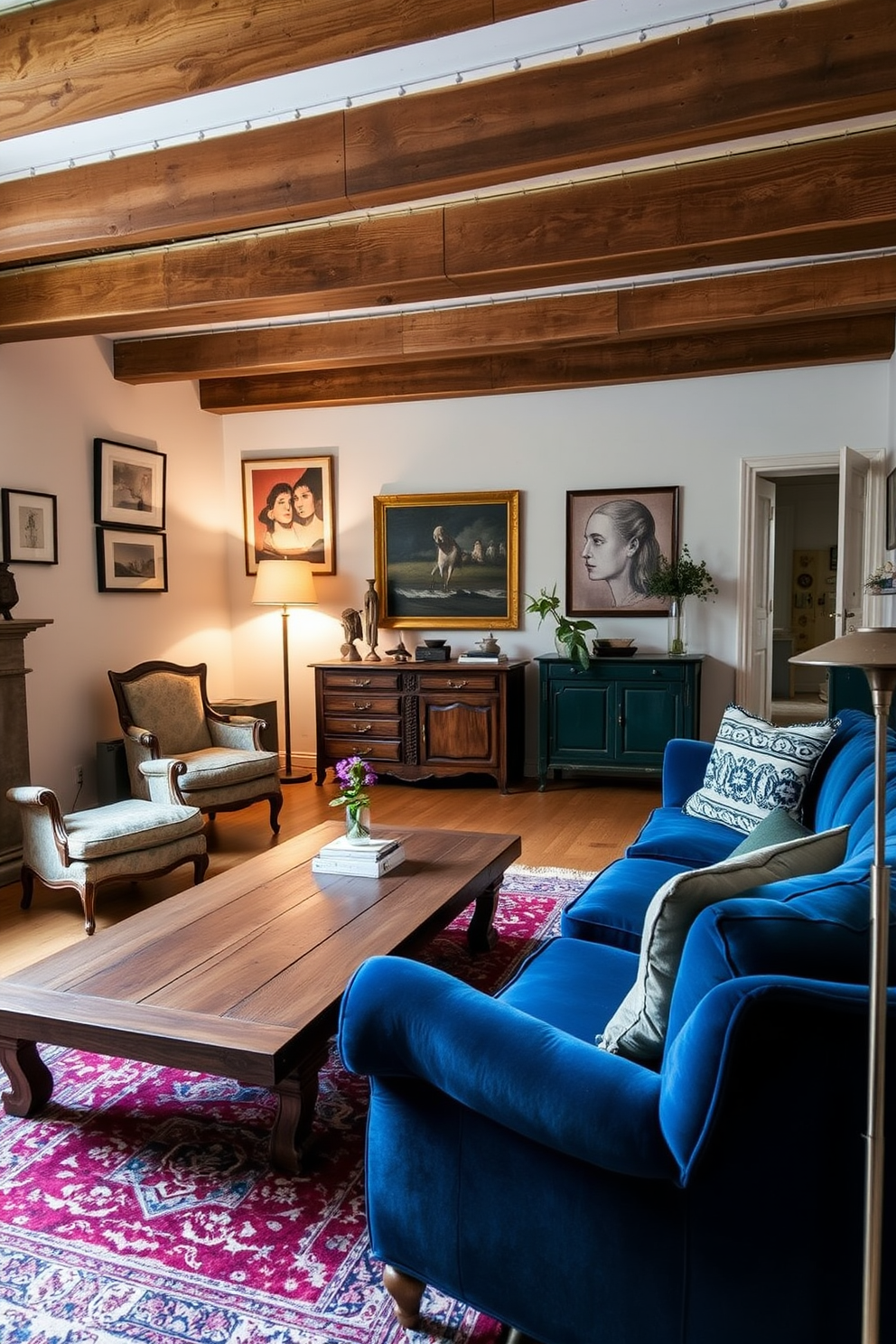 A cozy German living room featuring vintage furniture blended seamlessly with modern elements. A plush velvet sofa in deep blue sits alongside a reclaimed wood coffee table, while an antique armchair adds character to the space. The walls are adorned with contemporary art pieces that contrast with the classic wooden beams of the ceiling. A stylish area rug ties together the room's warm color palette, complemented by soft lighting from a sleek floor lamp.