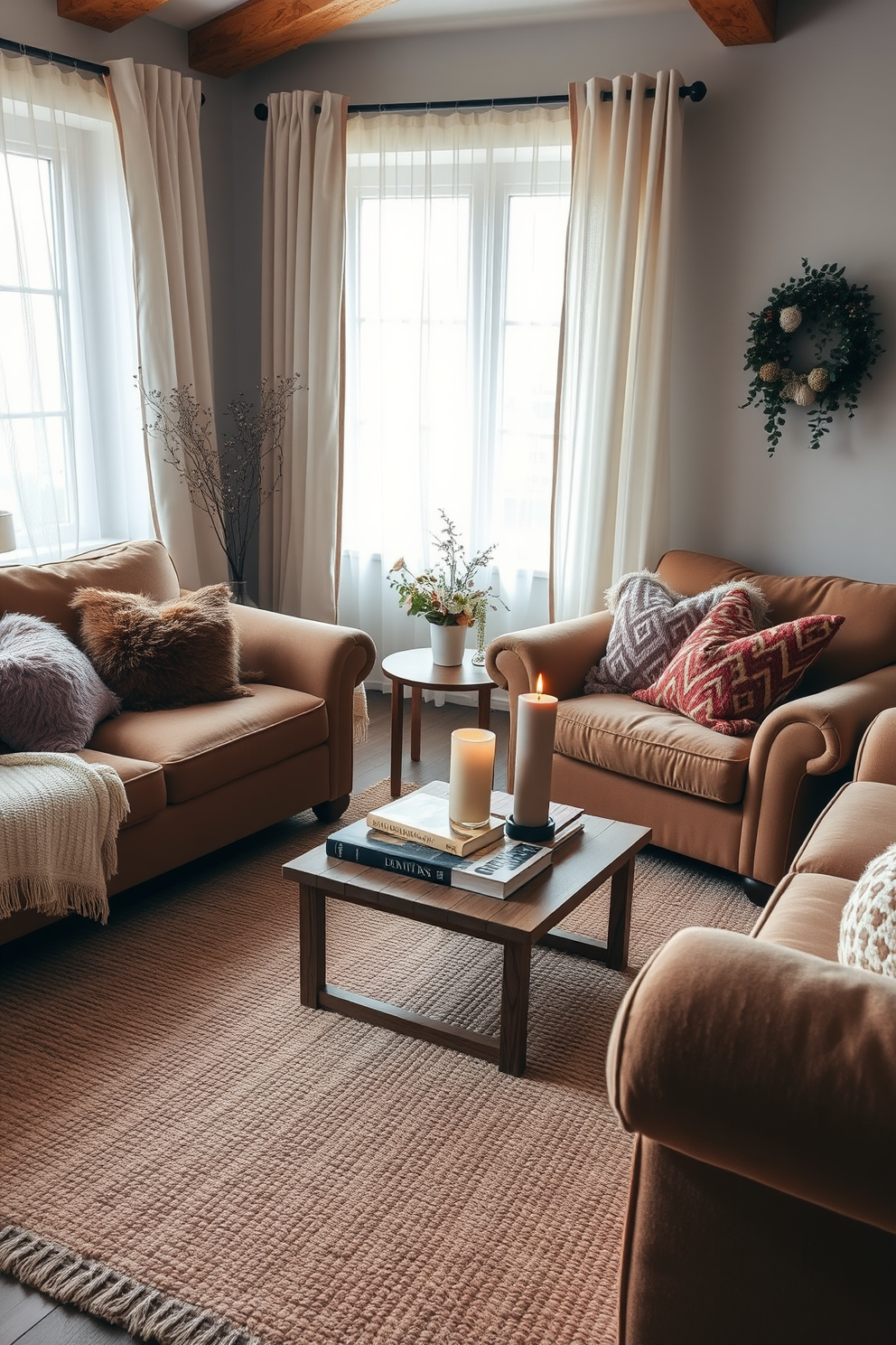 A cozy German living room features soft textiles that create a welcoming atmosphere. Plush sofas adorned with warm, inviting cushions invite relaxation, while a textured area rug adds comfort underfoot. Natural light filters through sheer curtains, enhancing the room's warmth and charm. A wooden coffee table sits at the center, topped with decorative books and a fragrant candle for an inviting touch.