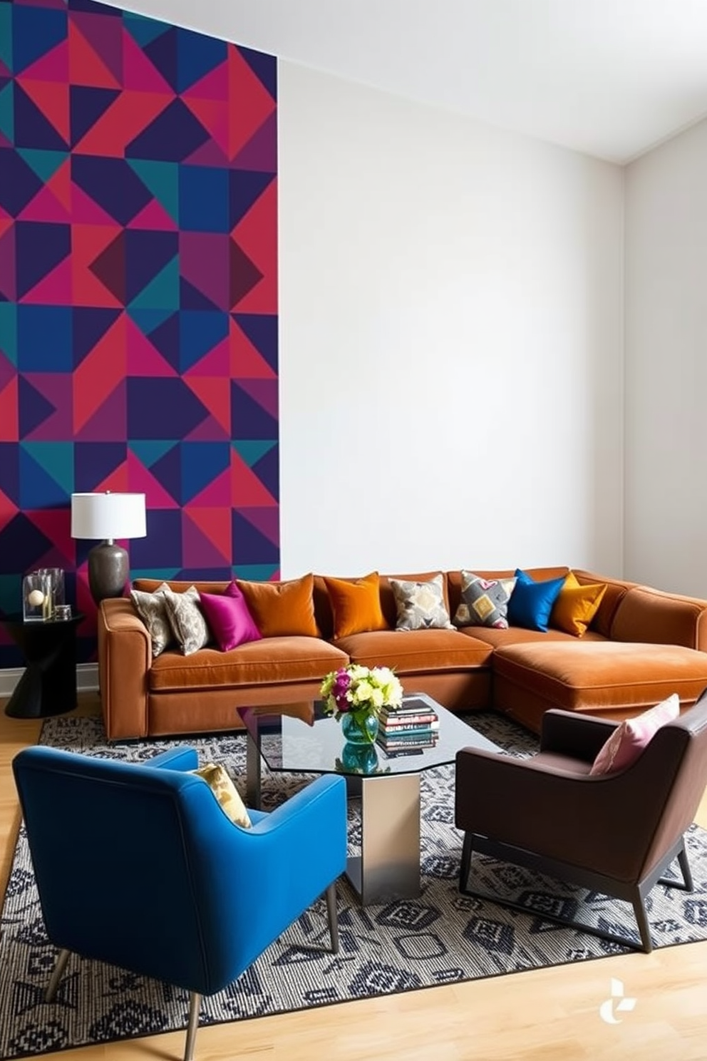 A striking living room featuring an accent wall adorned with bold geometric wallpaper in vibrant colors. The remaining walls are painted in a soft neutral tone, creating a harmonious balance in the space. The room is furnished with a plush sectional sofa in a rich fabric, complemented by a mix of colorful throw pillows. A sleek coffee table sits in the center, surrounded by modern accent chairs that invite conversation.