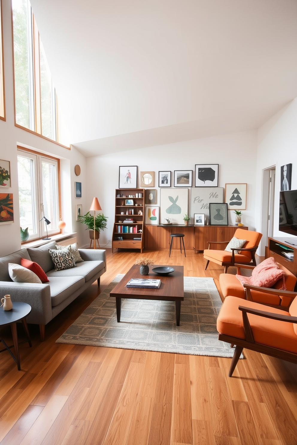 A spacious German living room featuring mid-century modern furniture that combines functionality with aesthetic appeal. The room includes a sleek wooden coffee table, a comfortable sofa with clean lines, and stylish accent chairs in vibrant colors. Natural light floods the space through large windows, highlighting the warm wood tones and neutral color palette. A geometric area rug anchors the seating area, while a collection of curated art pieces adorns the walls, adding character and charm.