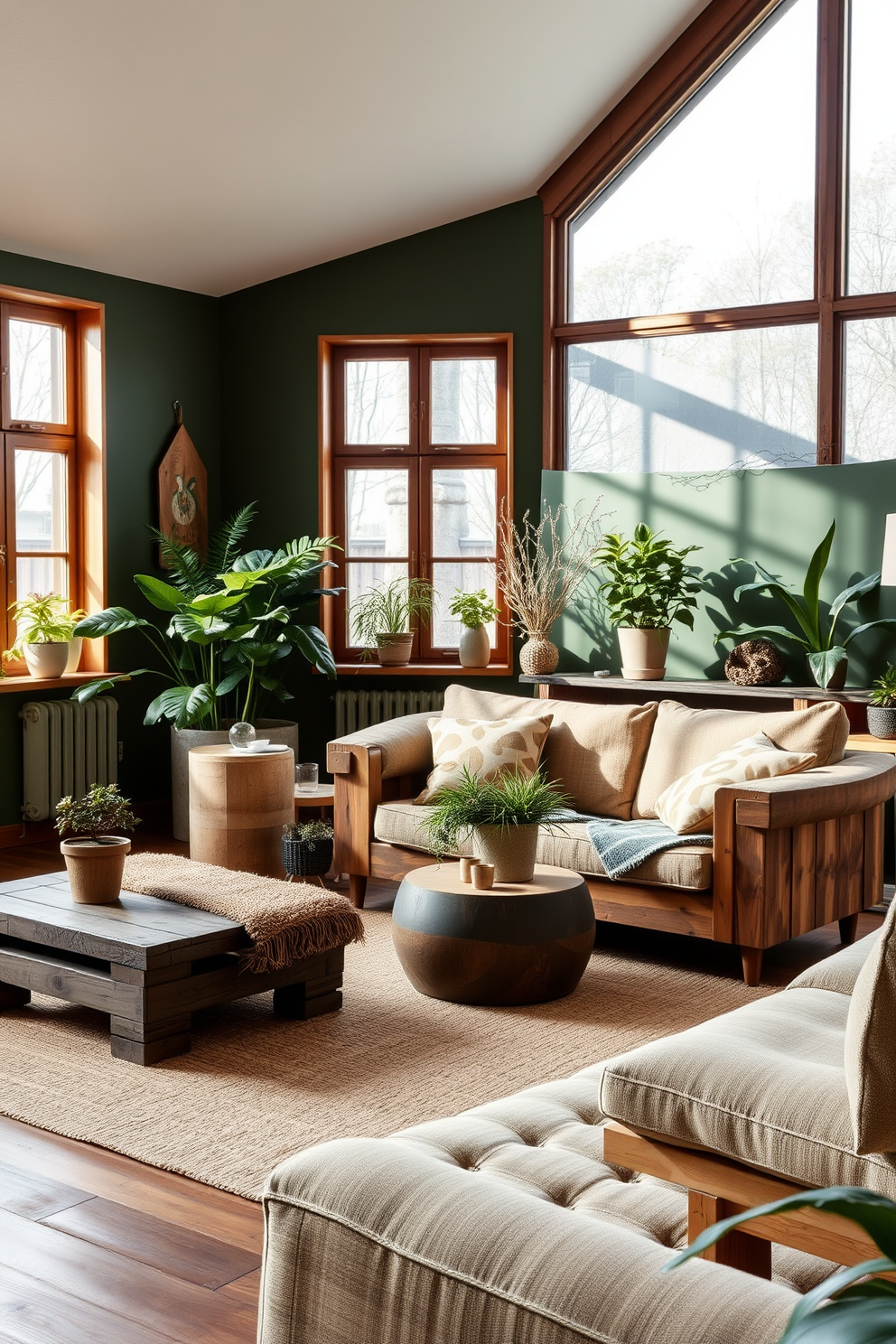 A cozy German living room featuring sustainable materials. The furniture is crafted from reclaimed wood and upholstered in organic fabrics, creating a warm and inviting atmosphere. Large windows allow natural light to flood the space, enhancing the earthy tones of the decor. A green accent wall complements the natural textures, while potted plants bring a touch of nature indoors.