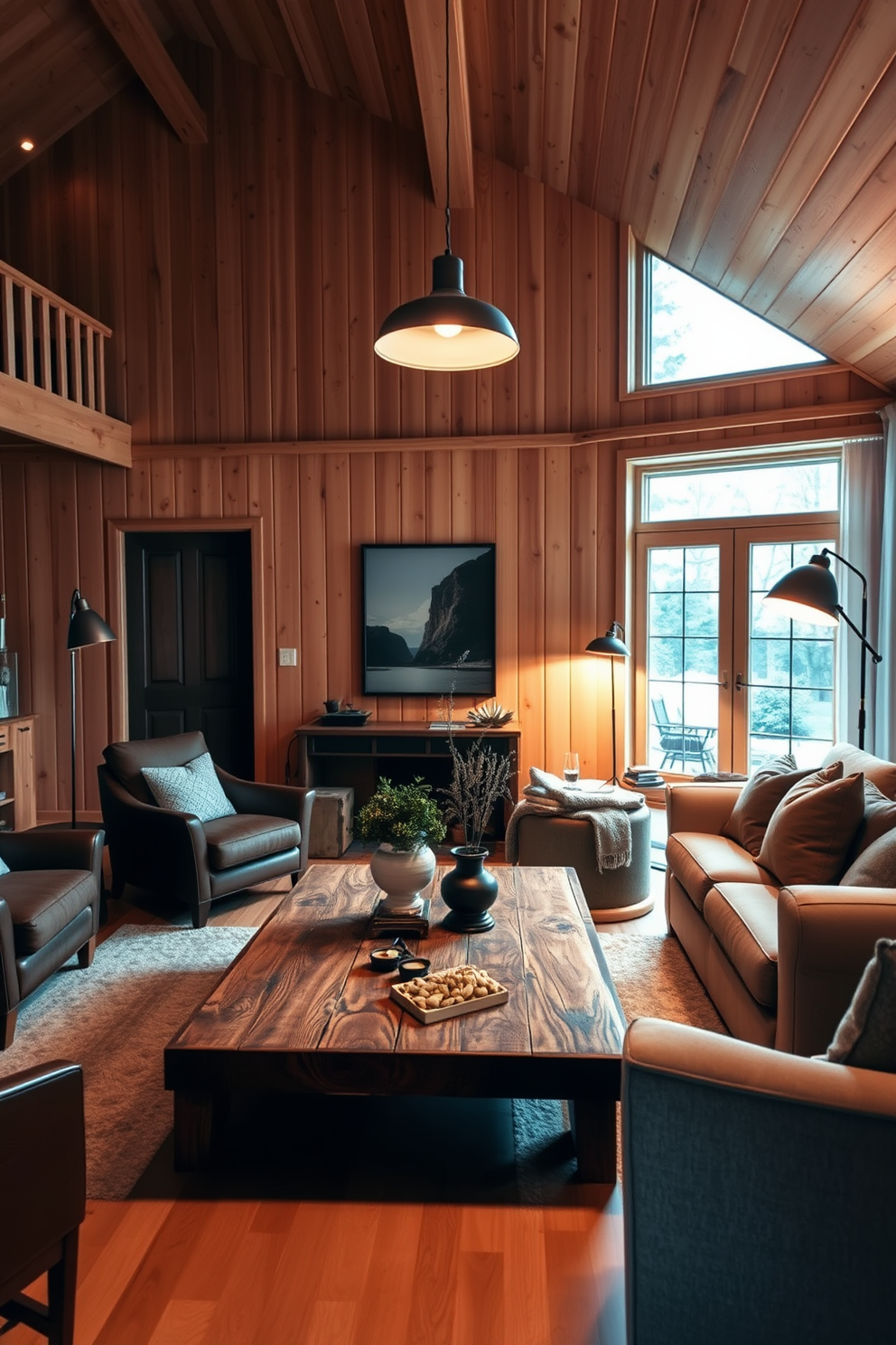 A cozy German living room featuring warm wood accents throughout the space. The walls are adorned with light-colored wood paneling, and a large, inviting sofa is complemented by plush throw pillows in earthy tones. A rustic coffee table made of reclaimed wood sits at the center, surrounded by comfortable armchairs. Soft, ambient lighting from stylish floor lamps creates a welcoming atmosphere, enhancing the room's intimate charm.