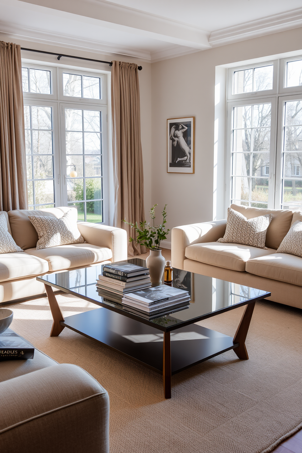 A stylish coffee table serves as the focal point in a German living room, surrounded by plush seating and natural light. The table features a sleek design with a glass top and wooden legs, complemented by decorative books and a small plant. The room showcases a harmonious blend of modern and traditional elements, with understated color palettes and textured fabrics. Large windows allow for ample sunlight, enhancing the warm atmosphere of the space.