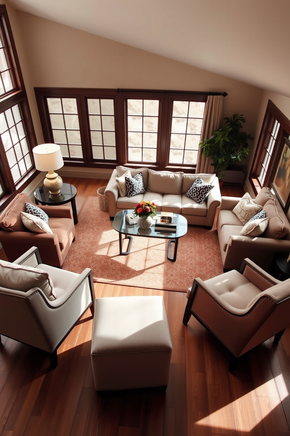 A cozy living room setting designed for gatherings. Plush sofas in neutral tones are arranged in a circular formation around a large coffee table, creating an inviting atmosphere. Accent chairs with soft upholstery complement the seating area, enhancing comfort and style. A warm area rug anchors the space, while large windows allow natural light to fill the room, highlighting the tasteful decor.