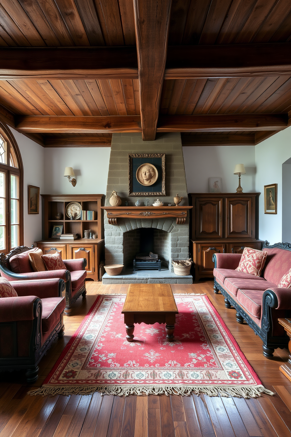 A cozy German living room that showcases traditional craftsmanship. The room features exposed wooden beams on the ceiling and intricately carved wooden furniture with rich upholstery. A large fireplace serves as the focal point, surrounded by comfortable seating in warm, earthy tones. Decorative ceramic tiles adorn the hearth, and a handwoven rug lies on the hardwood floor, adding warmth and texture.