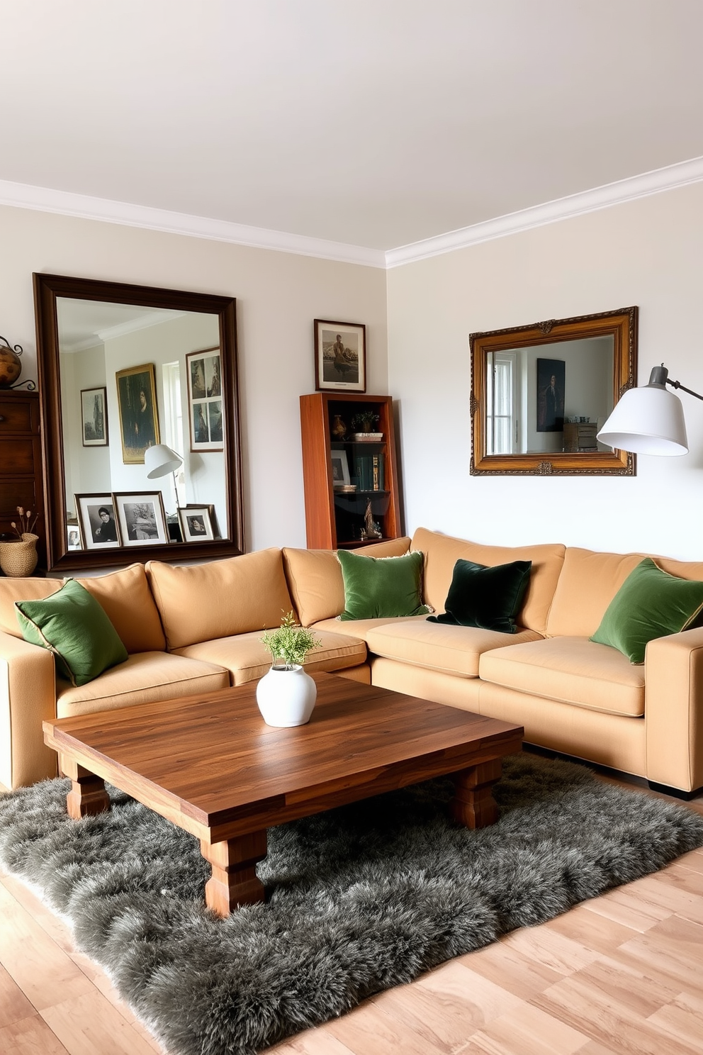 A cozy German living room features a large sectional sofa in a warm beige fabric, complemented by a wooden coffee table with a rustic finish. On the walls, there are framed vintage prints and a large mirror that reflects natural light, enhancing the room's spacious feel. The color palette consists of earthy tones, with deep green accents in the throw pillows and a plush area rug. A stylish floor lamp stands next to the sofa, providing soft illumination for evening relaxation.