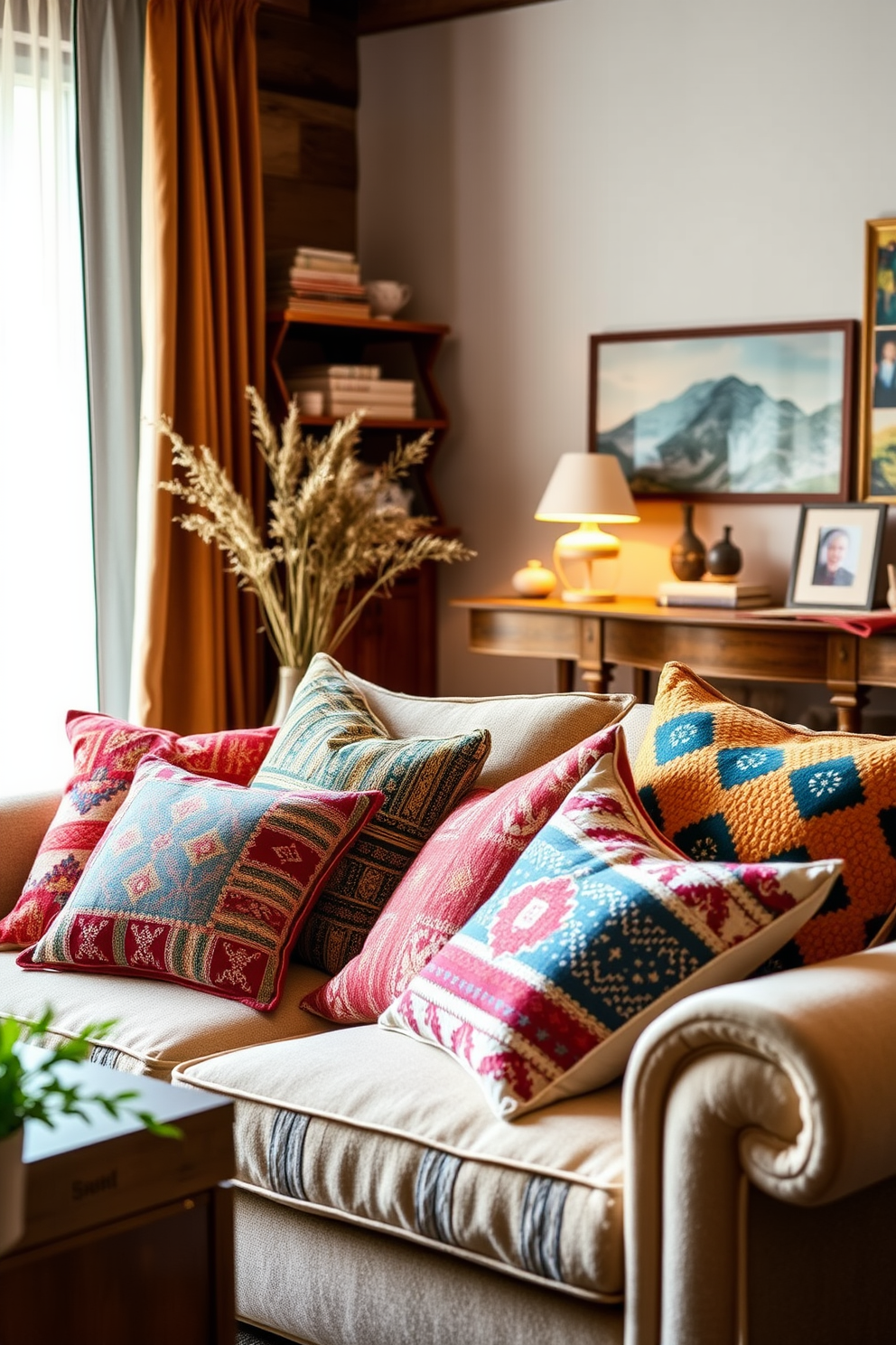 A vibrant collection of colorful throw pillows arranged on a plush sofa creates a lively focal point in the living room. The pillows feature a mix of patterns and textures, adding depth and personality to the space while complementing the overall German design aesthetic. Incorporate elements of traditional German craftsmanship, such as handcrafted wooden furniture and cozy textiles. The room is accented with warm lighting and natural materials, creating an inviting atmosphere perfect for relaxation and social gatherings.