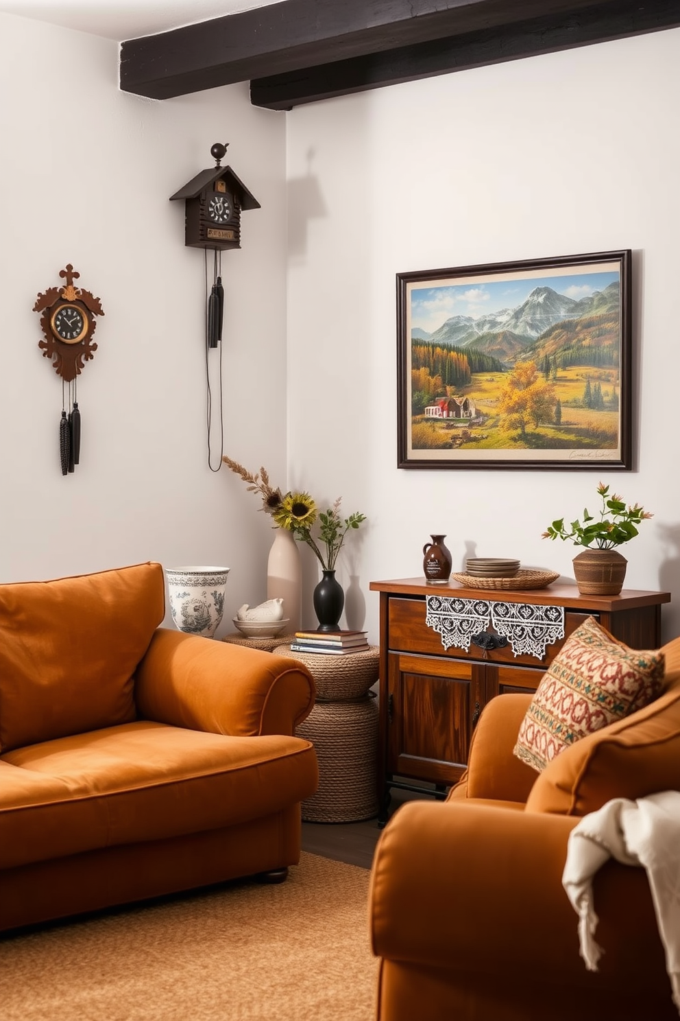 A cozy living room adorned with decorative accessories that reflect local German culture. The space features a traditional wooden sideboard displaying handcrafted ceramics and intricate lacework, while a vintage cuckoo clock adds a charming touch to the wall. Plush seating in warm earthy tones invites relaxation, complemented by a woven area rug that enhances the room's warmth. Framed artwork depicting scenic landscapes of Germany is hung thoughtfully, creating a vibrant focal point in the room.