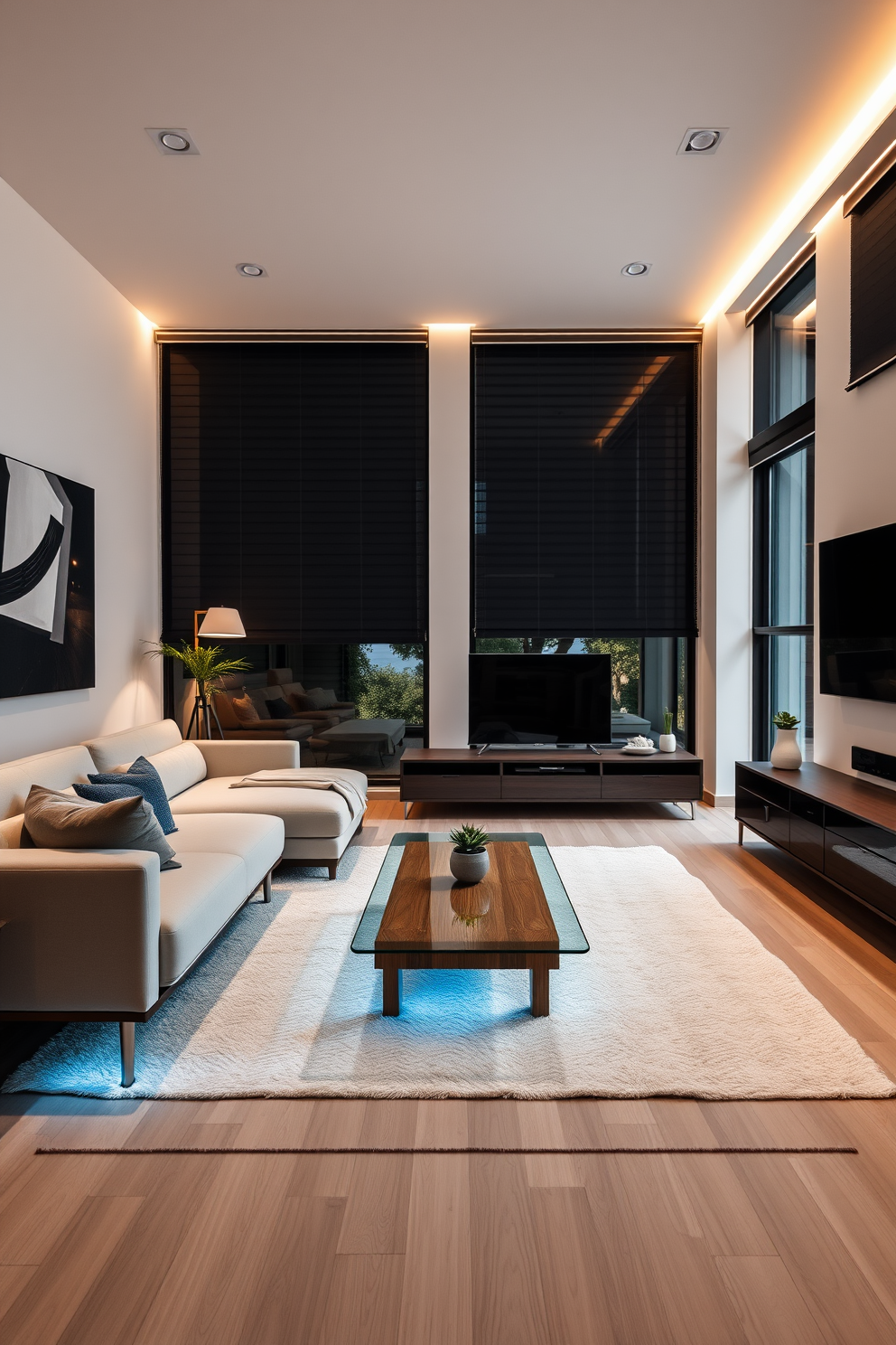 A modern German living room featuring smart home technology seamlessly integrated into the design. The space includes a sleek sectional sofa, an intelligent lighting system that adjusts with the time of day, and a minimalist coffee table made of glass and wood. The walls are adorned with contemporary art pieces, and a smart TV is mounted above a stylish media console. Large windows allow natural light to flood in, complemented by automated blinds that can be controlled via a smartphone app.