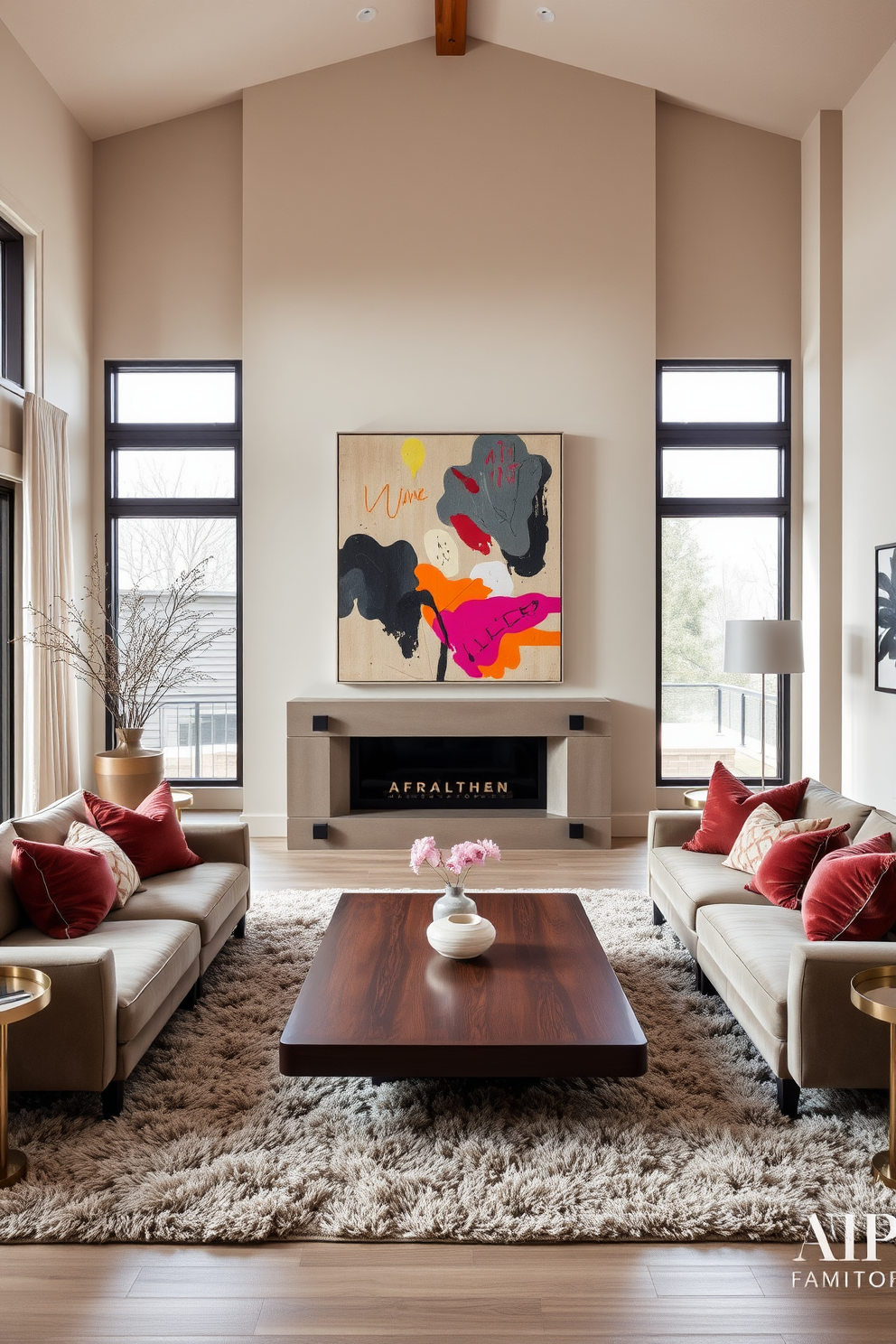 A spacious living room featuring a neutral color palette dominated by soft beige and warm gray tones. Bold accents in the form of vibrant throw pillows and an oversized abstract painting bring energy and contrast to the space. Large windows allow natural light to flood the room, highlighting the plush textures of a cozy area rug and luxurious velvet sofa. A sleek coffee table in a rich wood finish anchors the seating area, complemented by stylish side tables with metallic details.