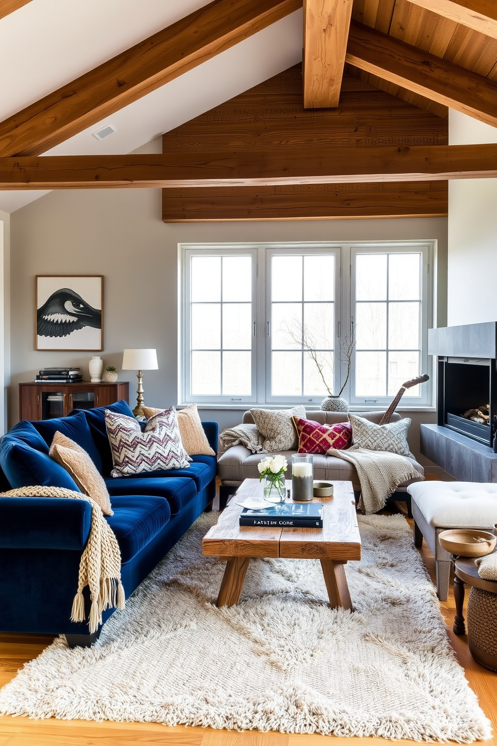 A German living room that showcases layered textures for a rich aesthetic. The space features a plush velvet sofa in deep blue, complemented by a chunky knit throw and an array of patterned cushions. Natural wood elements are incorporated through a reclaimed wood coffee table and exposed beams on the ceiling. A soft area rug in warm tones anchors the seating area, while large windows allow for ample natural light to enhance the inviting atmosphere.