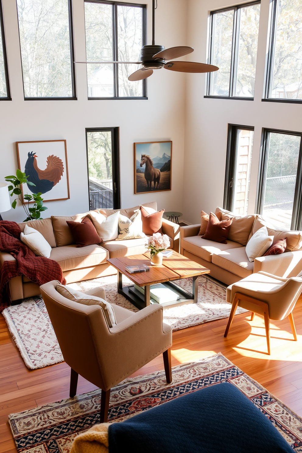 A cozy living room featuring a plush sectional sofa adorned with various textured fabrics such as velvet and linen. The room is accented with a soft area rug and a mix of decorative pillows in earthy tones for added comfort. Natural light floods the space through large windows, illuminating the warm wooden flooring and highlighting the carefully selected artwork on the walls. A modern coffee table made of reclaimed wood sits in the center, surrounded by stylish accent chairs that invite relaxation.