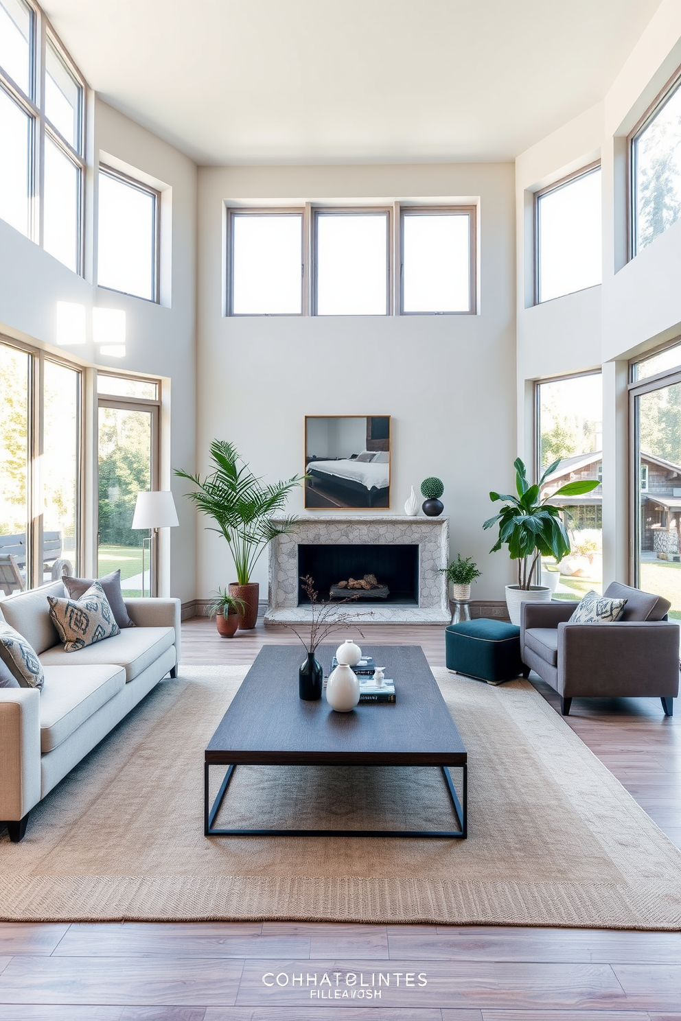 A spacious living room featuring large windows that allow ample natural light to flood the space. The design incorporates a blend of modern and traditional German elements, with comfortable seating and elegant decor. The walls are adorned with soft, neutral colors that enhance the brightness of the room. A stylish coffee table sits in the center, complemented by tasteful artwork and plants that bring a touch of nature indoors.