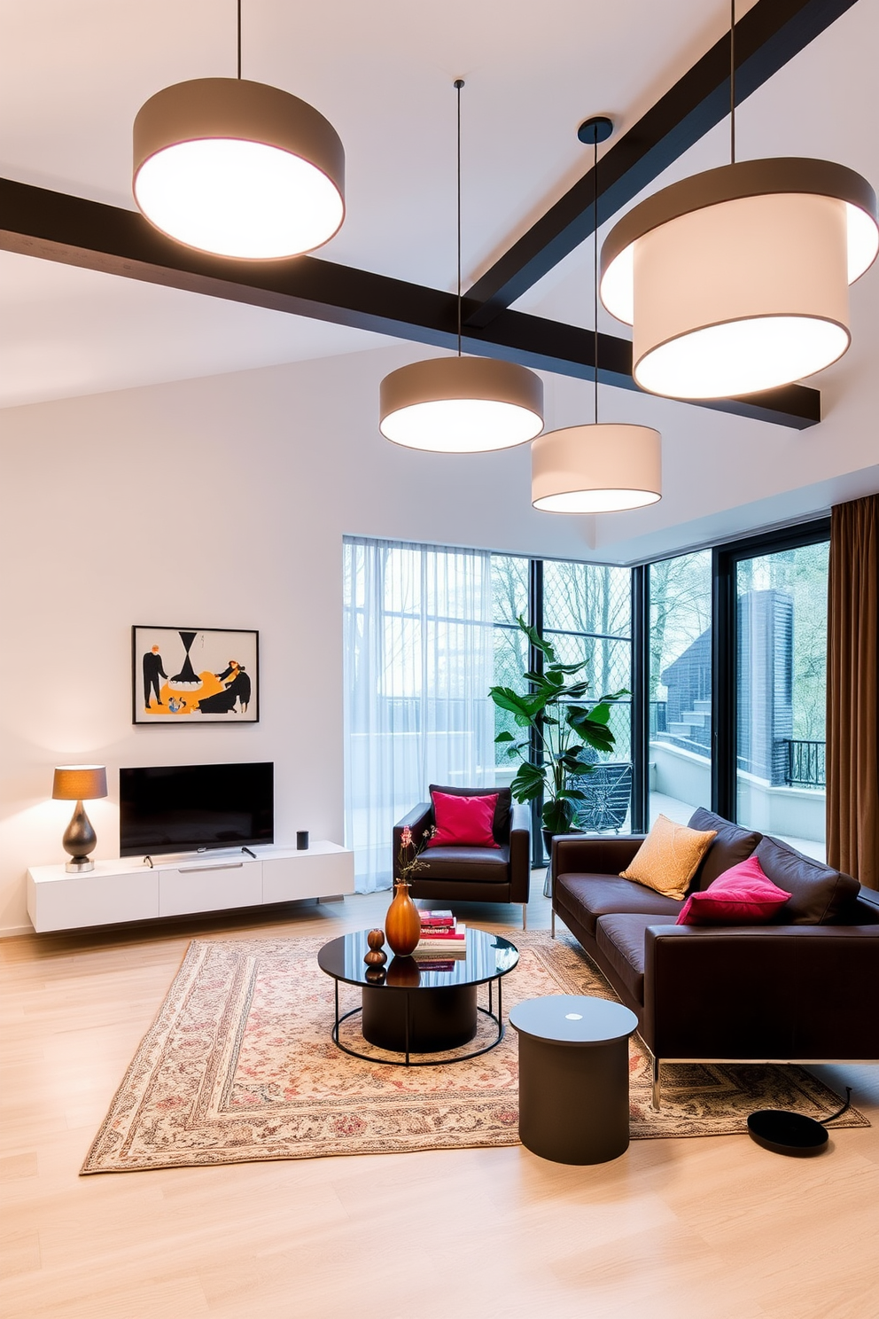 A sleek contemporary living room features modern lighting fixtures that create a warm and inviting atmosphere. The space is adorned with a combination of minimalist furniture and vibrant accent pieces that reflect German design sensibilities.