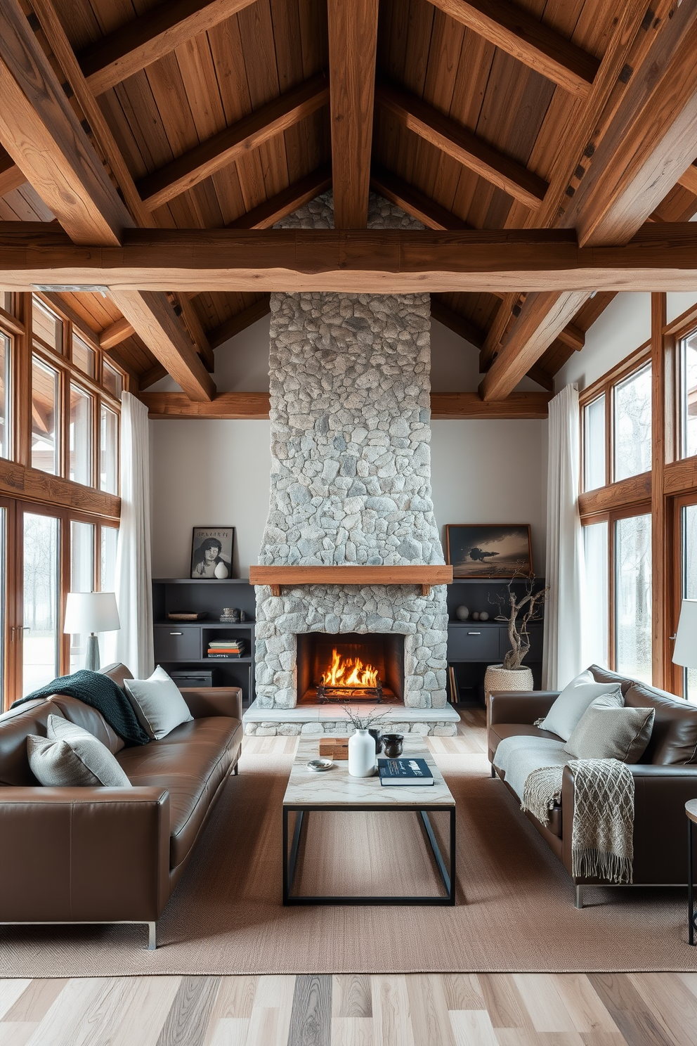 A cozy German living room featuring rustic wooden beams on the ceiling and a stone fireplace as the focal point. The space is adorned with modern furniture pieces, including a sleek leather sofa and a minimalist coffee table, creating a harmonious blend of styles. Warm earth tones dominate the color palette, with soft textiles like wool throws and linen cushions adding comfort. Large windows allow natural light to flood the room, highlighting the contrast between the rustic elements and contemporary decor.