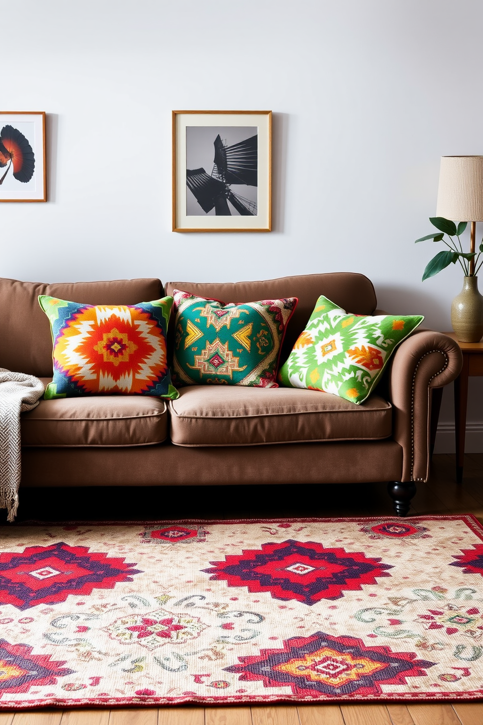 A cozy German living room featuring a plush sofa adorned with cushions showcasing bold geometric patterns in vibrant colors. The floor is covered with a large area rug that complements the cushions, creating a harmonious blend of textures and designs.