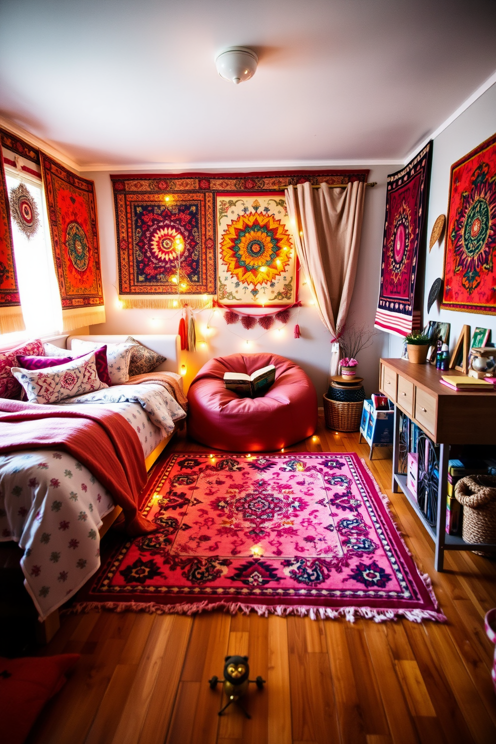 A vibrant girls bedroom filled with bohemian chic elements. The walls are adorned with colorful tapestries and the bedding features a mix of patterned pillows and throws. A cozy reading nook is created with a plush bean bag chair surrounded by fairy lights. A whimsical rug with intricate designs covers the wooden floor, adding warmth and texture to the space.