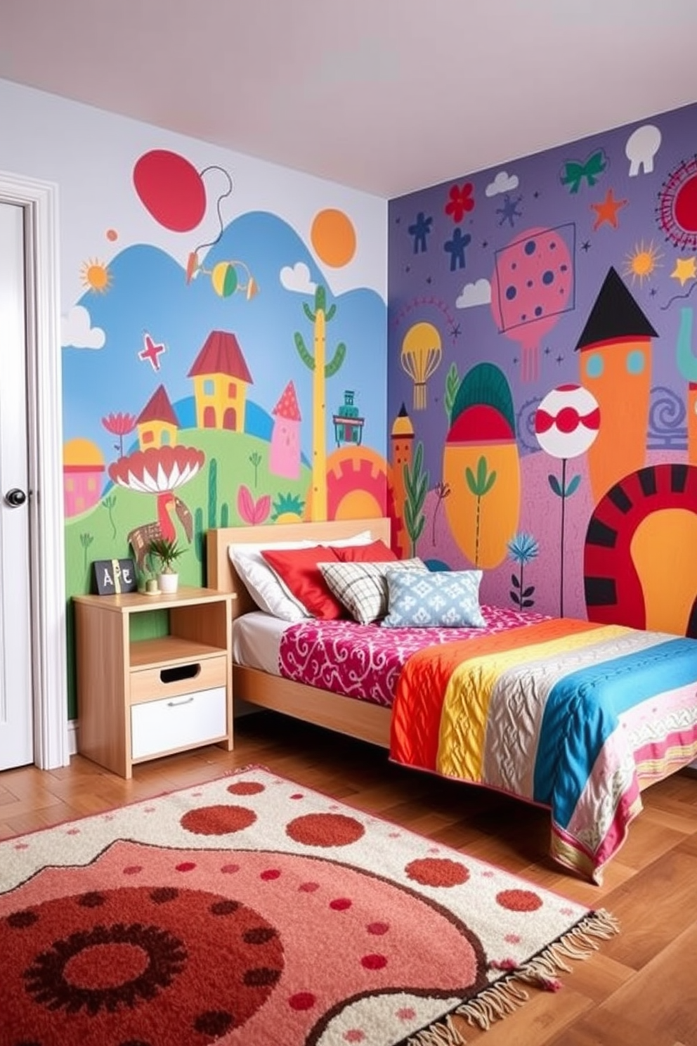 Artistic space with mural wall art. The room features a vibrant mural that covers one wall, showcasing whimsical designs and colors that inspire creativity. The furniture includes a cozy bed adorned with colorful cushions and a stylish bedside table. A playful rug lies on the floor, adding warmth and texture to the space.