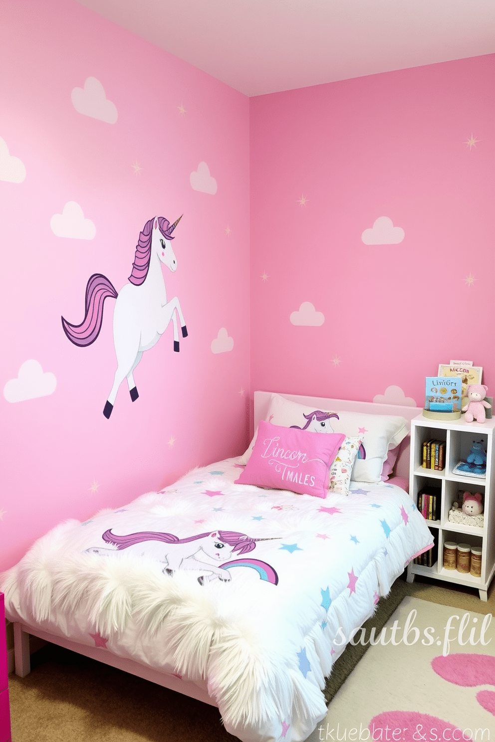 A whimsical girls bedroom featuring unicorn decor and accessories. The walls are painted in a soft pastel pink with a large mural of a playful unicorn prancing among clouds and stars. A cozy bed adorned with a fluffy unicorn-themed comforter and colorful throw pillows sits against one wall. A small bookshelf filled with unicorn-themed books and toys is placed beside the bed, adding a playful touch to the room.