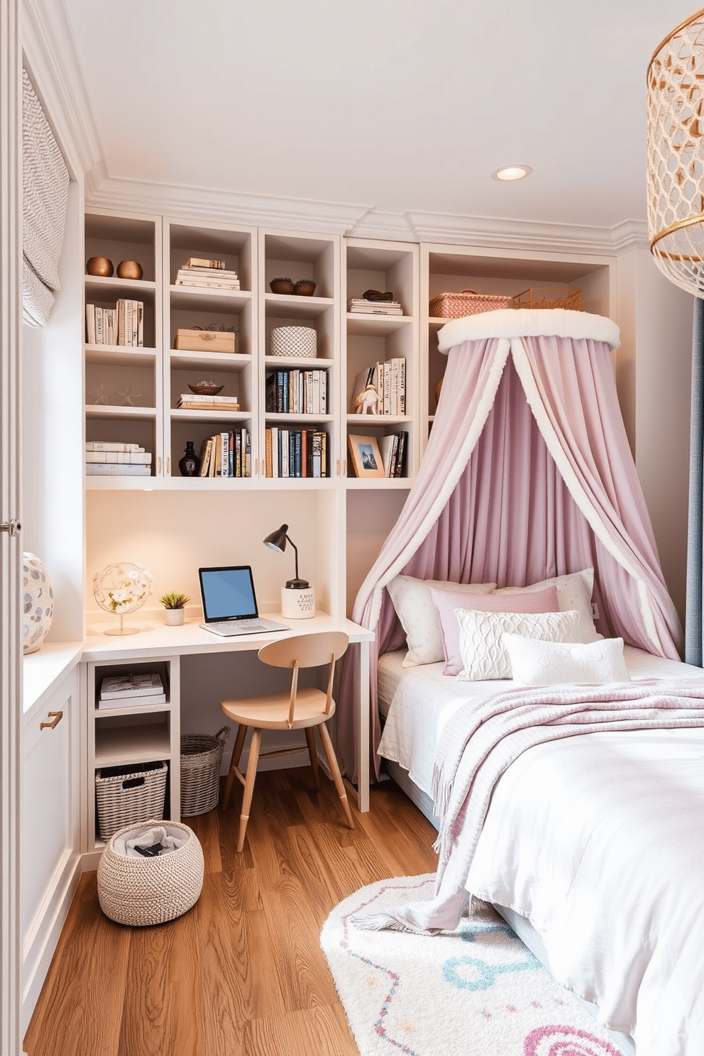 A functional study area featuring built-in shelves that provide ample storage for books and supplies. The desk is positioned near a window, allowing for natural light to illuminate the workspace. A cozy girls bedroom designed with soft pastel colors and whimsical decor. The bed is adorned with plush pillows and a canopy, while a playful rug adds warmth to the space.