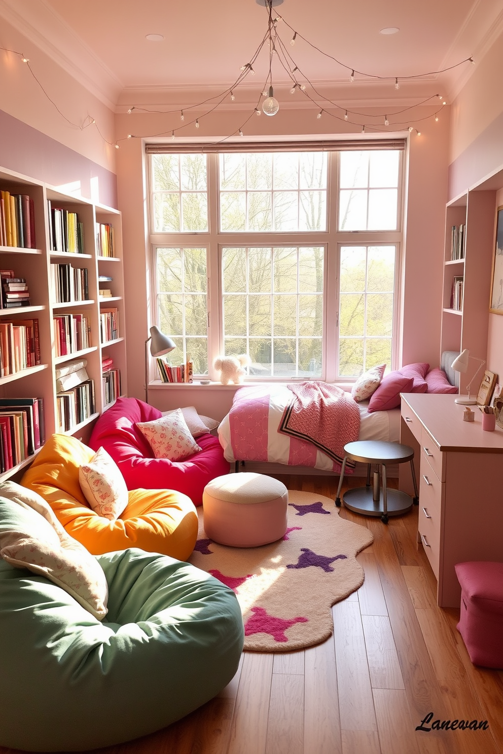 Cozy reading nook with bean bags. The space features a large window with soft natural light streaming in, surrounded by bookshelves filled with colorful books. Plush bean bags in vibrant colors create a comfortable seating area, complemented by a small side table for snacks and drinks. A whimsical rug adds warmth to the wooden floor, while fairy lights overhead create a magical atmosphere. Girls bedroom design ideas. The room showcases a pastel color palette with a mix of pinks and purples, featuring a bed with a tufted headboard and fluffy bedding. Decorative pillows and a cozy throw blanket enhance the comfort, while wall art and fairy lights add a personal touch. A stylish desk and chair provide a functional study area, completing the inviting space.