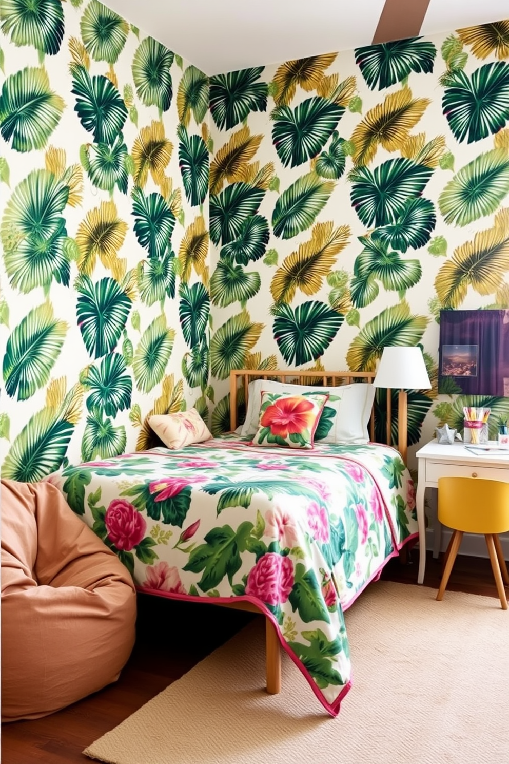 A vibrant girls bedroom filled with tropical vibes. The walls are adorned with palm leaf prints in shades of green and gold, creating a lively atmosphere. A cozy bed is dressed in a colorful quilt with floral patterns. To the side, a playful bean bag chair complements the decor, while a small desk features tropical-themed stationery and decor items.