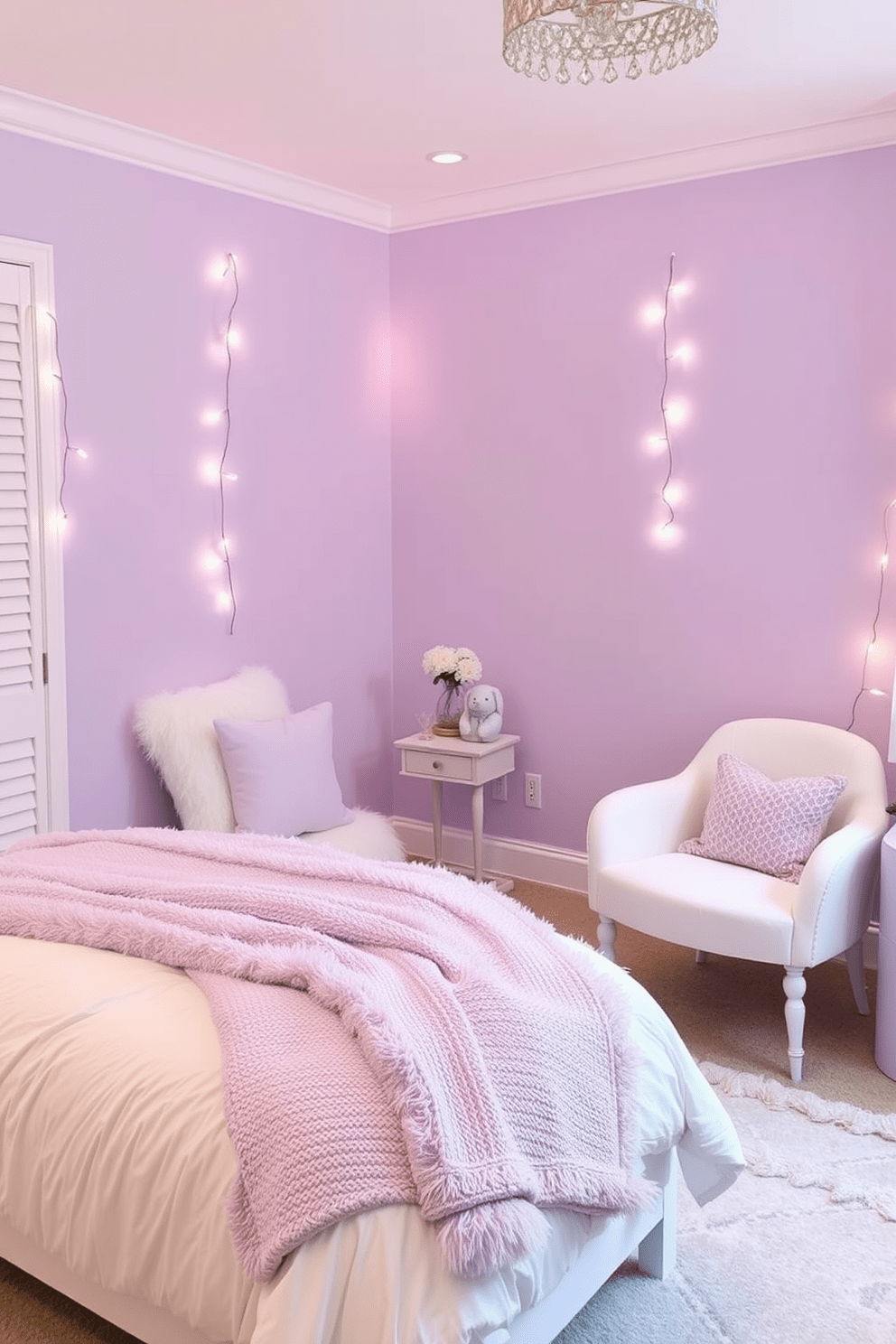 A serene girls bedroom featuring soft lavender walls complemented by crisp white accents. The bed is adorned with fluffy white bedding and decorative pillows in varying shades of lavender. A cozy reading nook is created with a plush white chair and a small lavender side table. Delicate fairy lights are strung along the walls, adding a whimsical touch to the space.