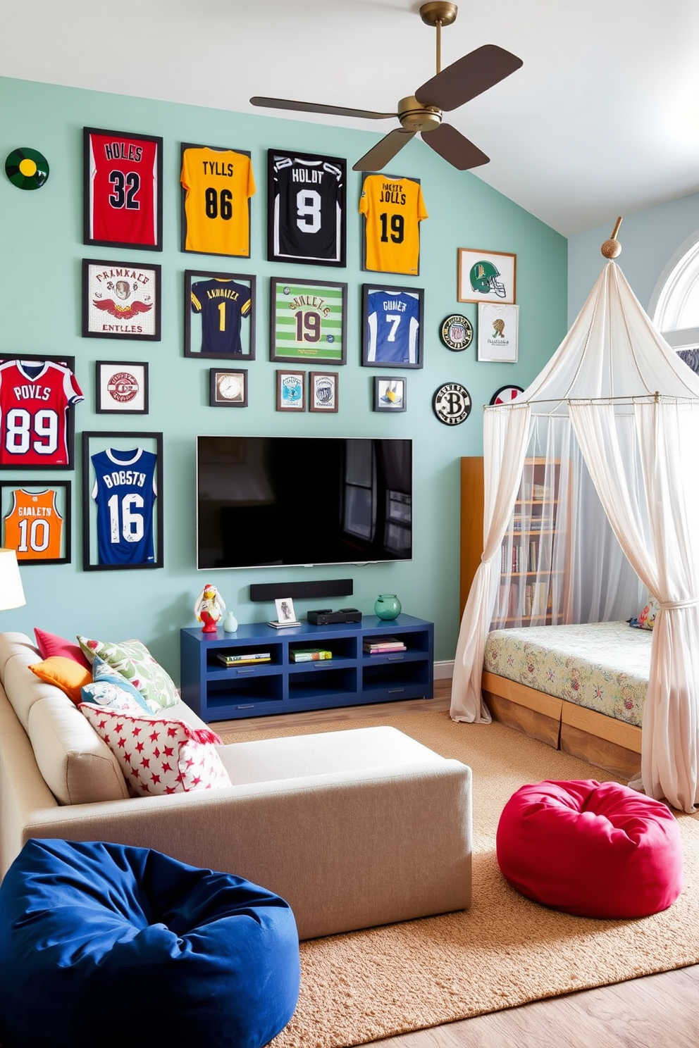 A vibrant sports-themed room featuring walls adorned with framed jerseys and signed memorabilia from favorite teams. A large wall-mounted TV sits opposite a cozy sectional sofa, with colorful bean bags scattered around for extra seating. A charming girls bedroom design with pastel-colored walls and a whimsical canopy bed draped in sheer fabric. The room includes a cozy reading nook by the window, with plush cushions and a bookshelf filled with favorite stories.