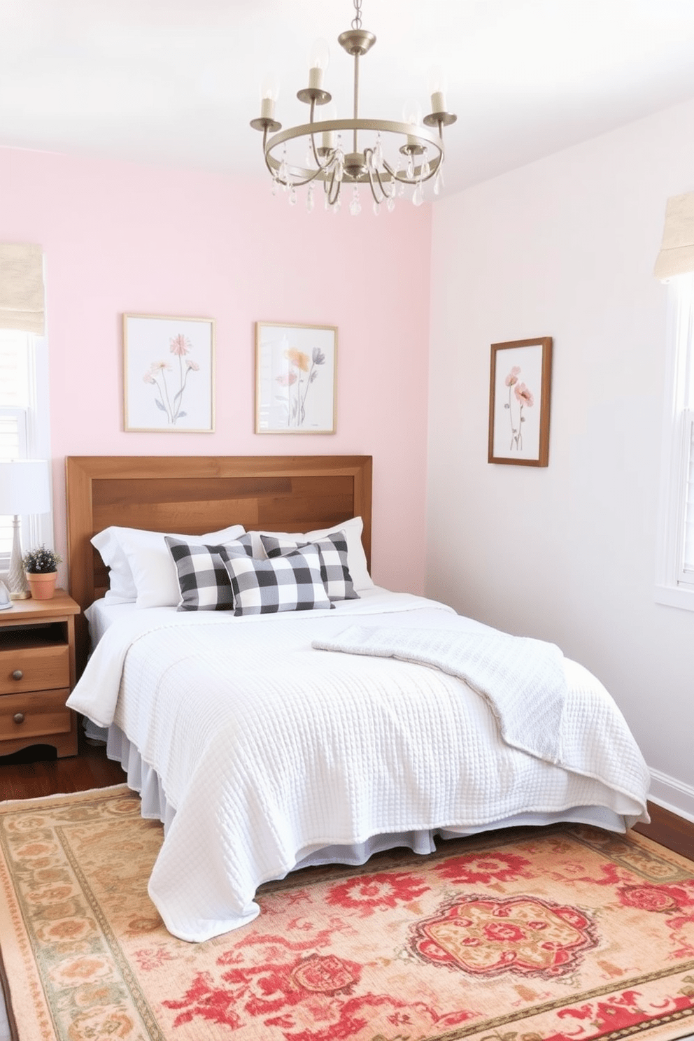 A charming girls bedroom designed in modern farmhouse style. The room features a cozy bed with a white quilt and plaid throw pillows, complemented by a wooden headboard and a reclaimed wood nightstand. Soft pastel colors adorn the walls, while a vintage-style rug adds warmth to the space. A whimsical chandelier hangs from the ceiling, and framed artwork of flowers and animals decorates the walls.