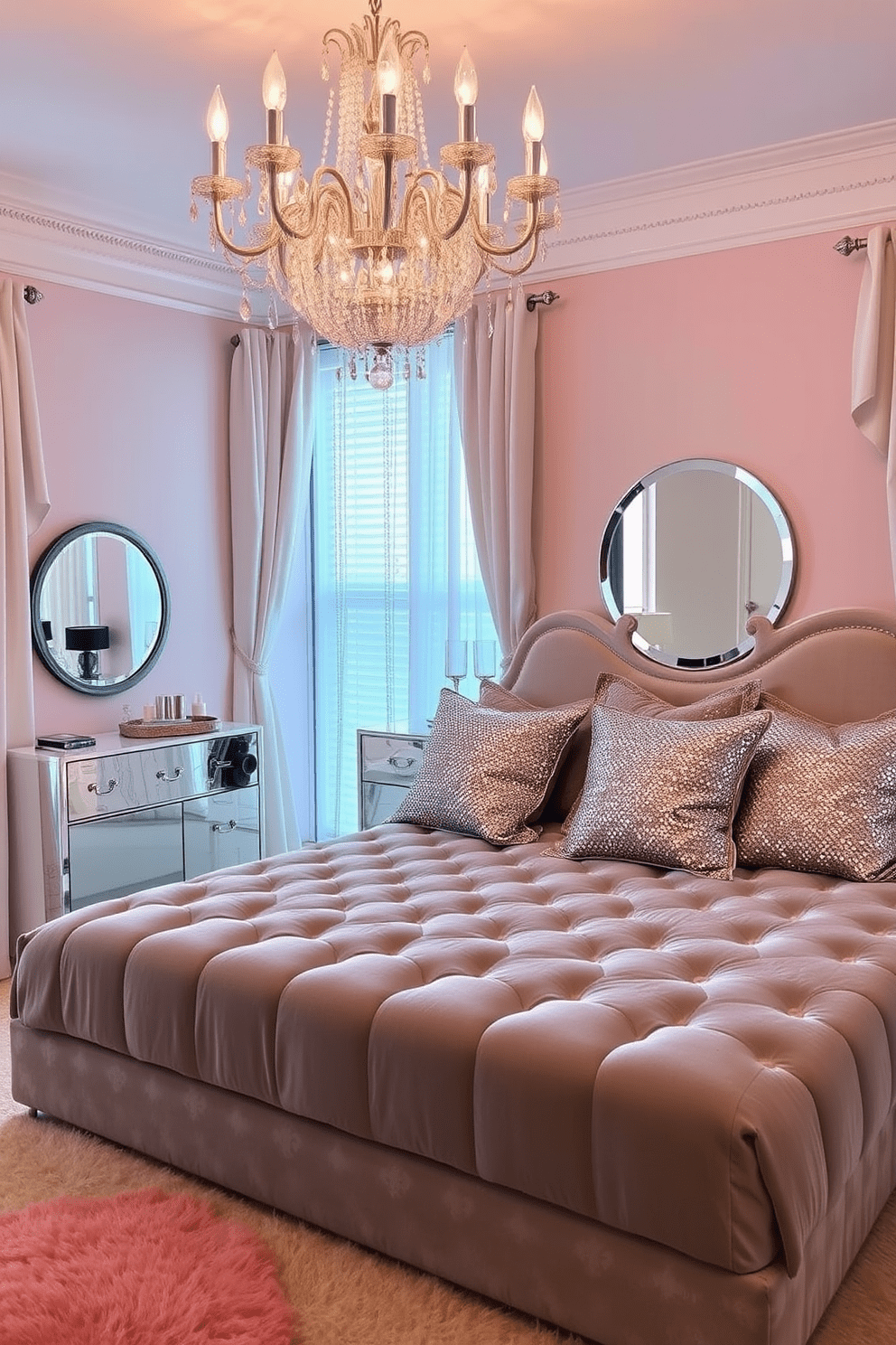 A glamorous room with shimmering details features a plush velvet bed adorned with sequined throw pillows. The walls are painted in a soft blush hue, and a crystal chandelier hangs gracefully from the ceiling. A stylish dressing table with a large round mirror reflects the light, surrounded by elegant decor items. A plush area rug in a coordinating color adds warmth and comfort to the space, while delicate drapes frame the windows.