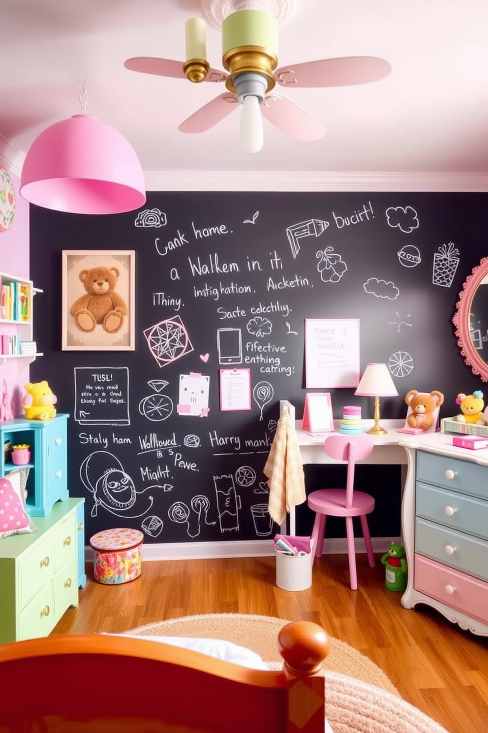 A whimsical girls bedroom featuring an interactive wall coated in chalkboard paint. The room is adorned with pastel-colored furnishings and playful accents, creating a fun and creative atmosphere.