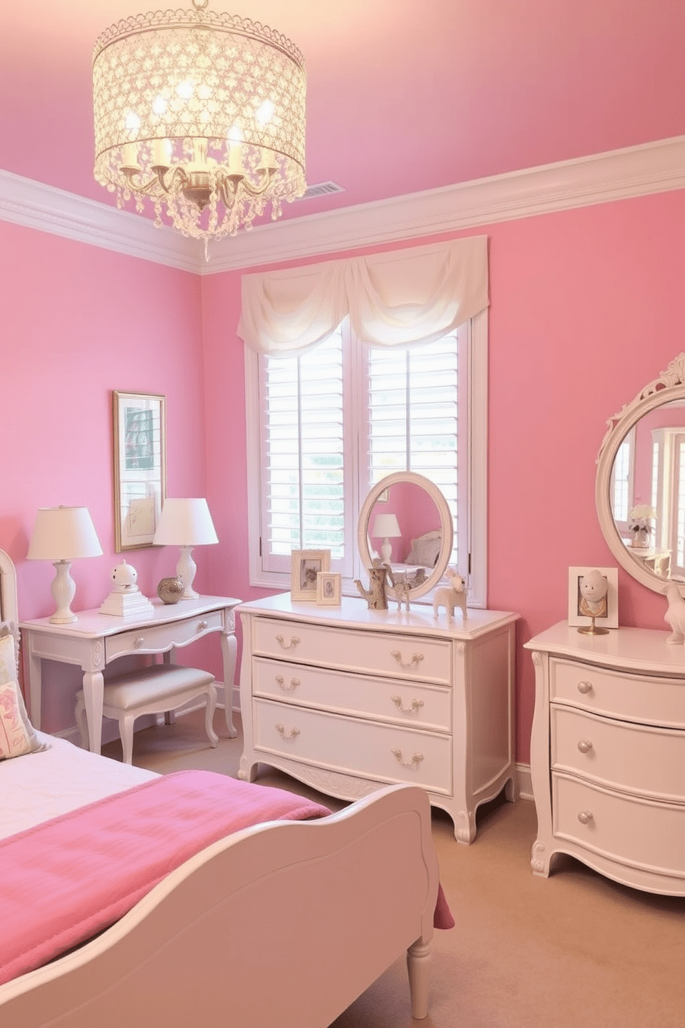 A charming girls bedroom featuring pastel pink walls that create a soft and inviting atmosphere. The room is furnished with elegant white furniture, including a bed with a plush headboard and a stylish dresser, complemented by whimsical decorative accents.