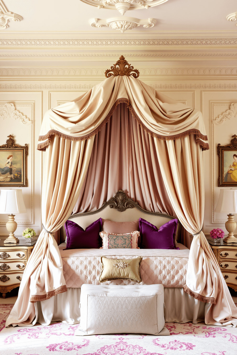 A classic princess-themed bedroom featuring luxurious fabrics and elegant decor. The walls are painted in soft pastel shades, adorned with delicate crown moldings and whimsical wall art. A grand canopy bed draped in flowing silk curtains takes center stage, flanked by ornate nightstands. Plush bedding in rich textures and a variety of decorative pillows create a cozy and inviting atmosphere.