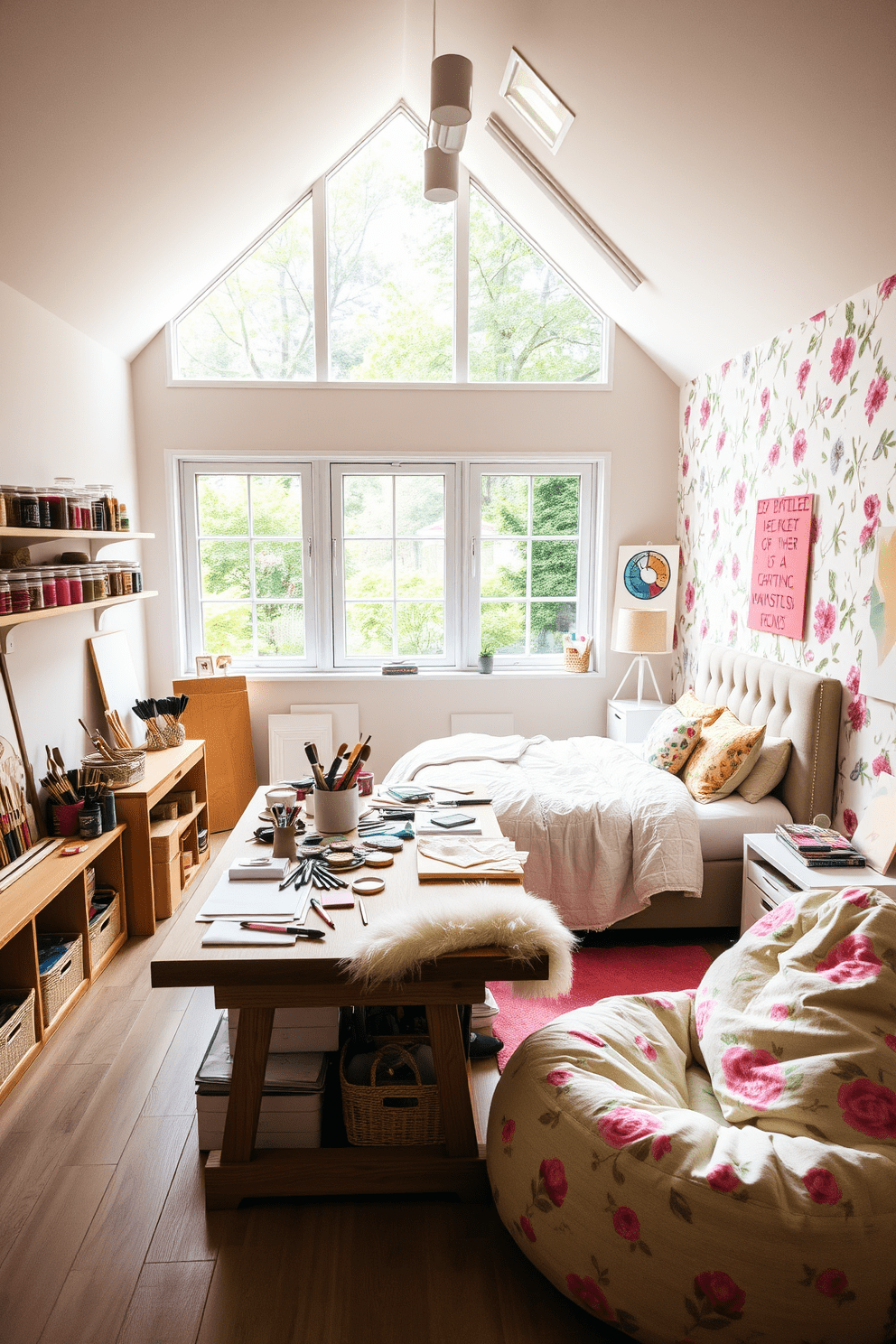 A creative art studio filled with natural light. The walls are painted in a soft pastel color, and large windows overlook a vibrant garden. The space features a large wooden table covered with various art supplies and tools. Shelves are lined with organized jars of paint, brushes, and canvases ready for use. A girls bedroom designed with a whimsical theme. The walls are adorned with playful wallpaper featuring floral patterns and soft colors. A cozy bed with a tufted headboard is dressed in fluffy bedding and colorful throw pillows. A small reading nook with a bean bag chair and a bookshelf completes the inviting atmosphere.